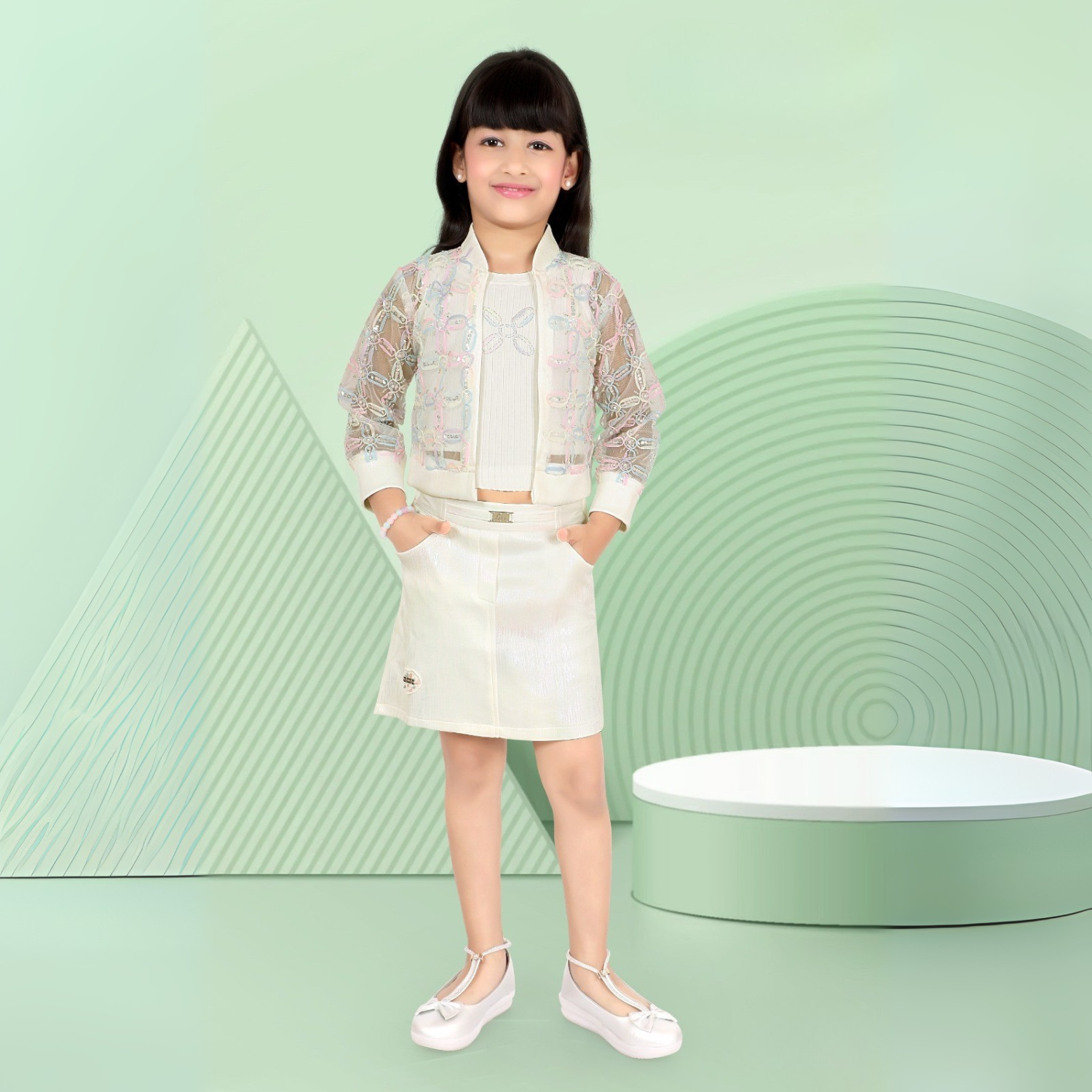 Lemonmint Girls Shimmer Skirt & Embroidered Sheer Jacket Set – Elegant Party Wear