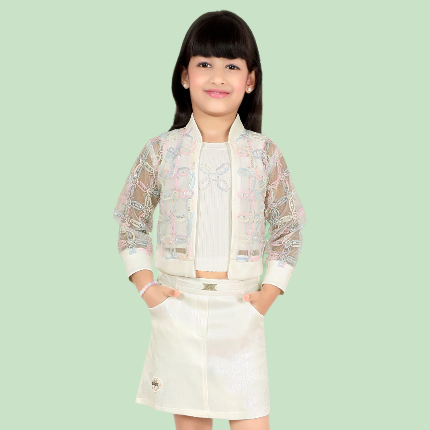 Lemonmint Girls Shimmer Skirt & Embroidered Sheer Jacket Set – Elegant Party Wear