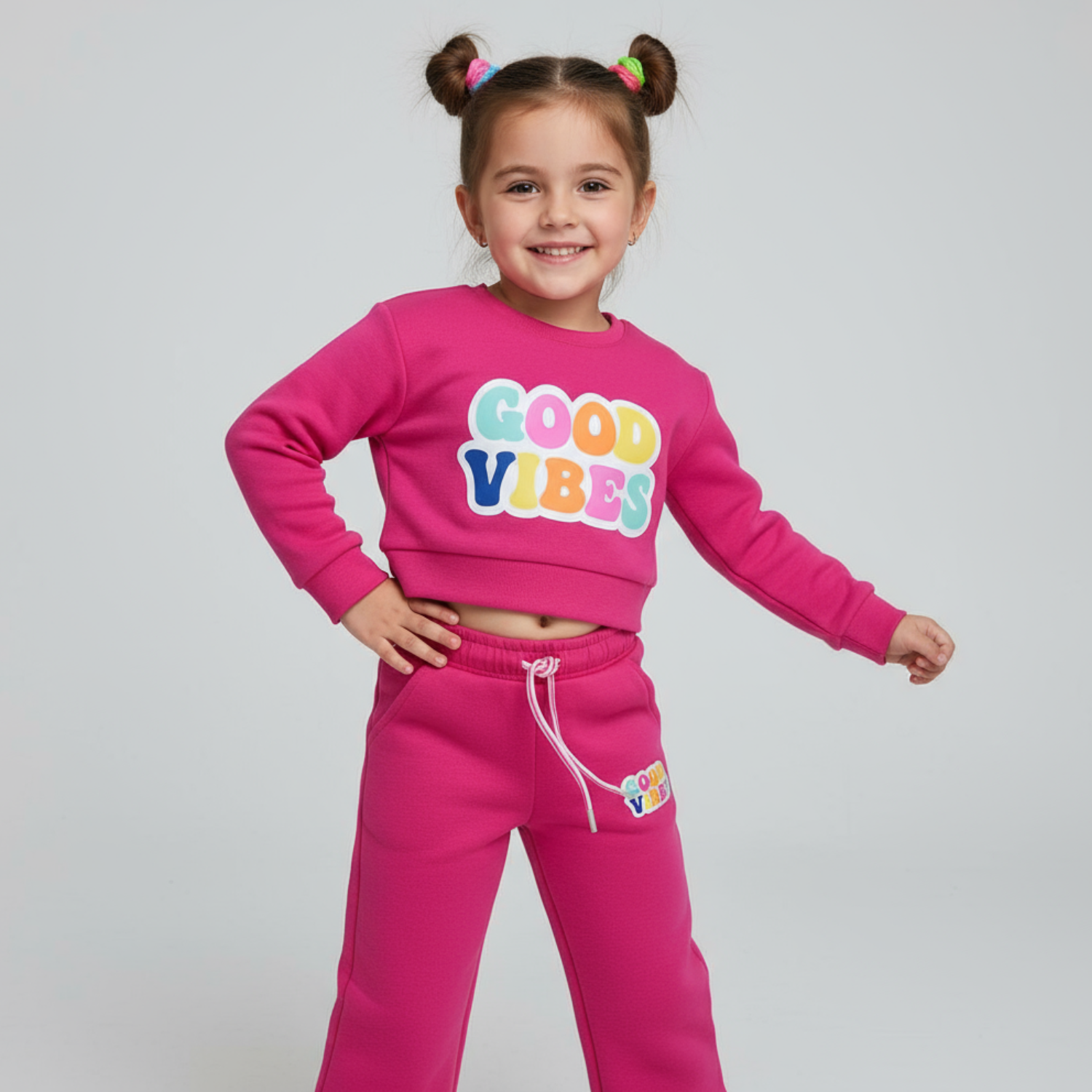 JUST CLOTHES Girls “Good Vibes” Tracksuit Set – Rani / Lime (1–4 Years)