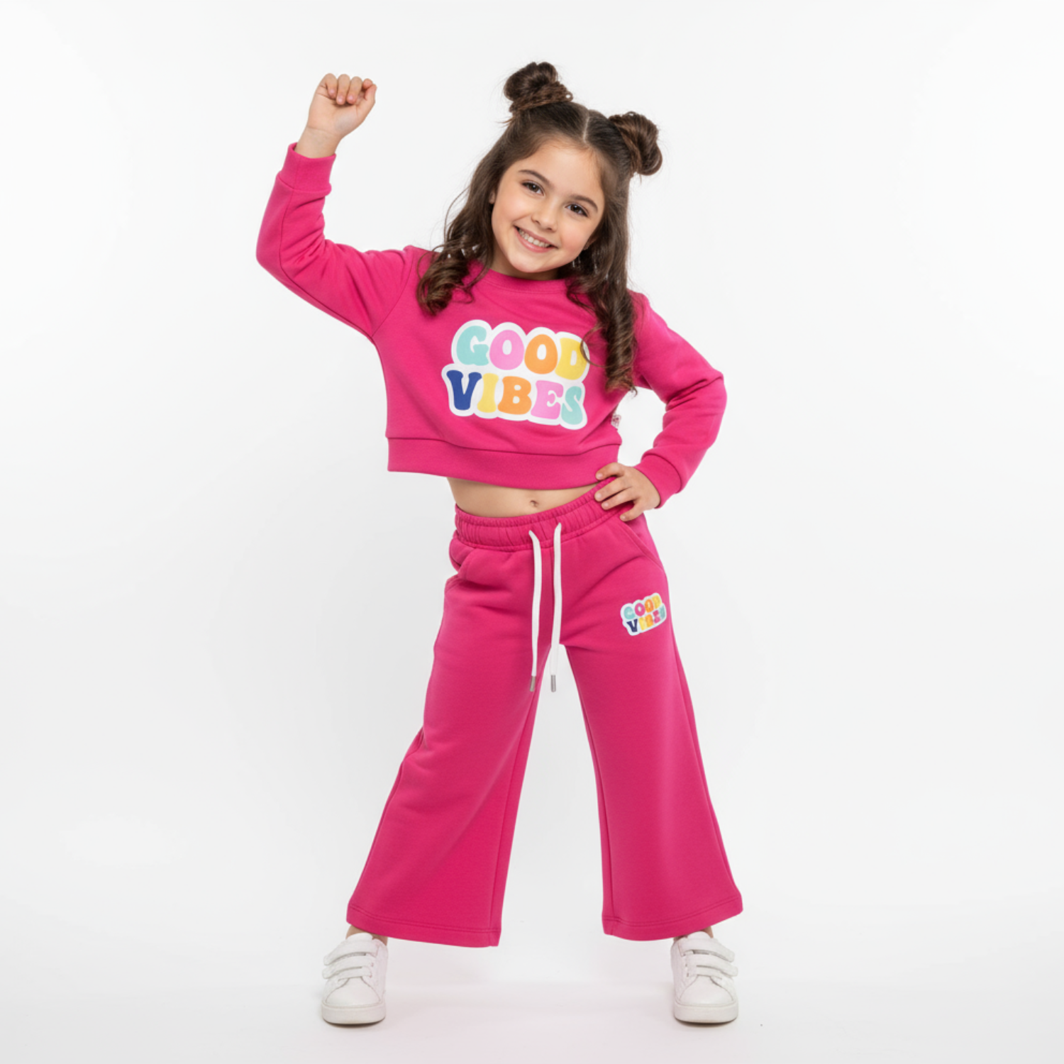 JUST CLOTHES Girls “Good Vibes” Tracksuit Set – Rani / Lime (1–4 Years)