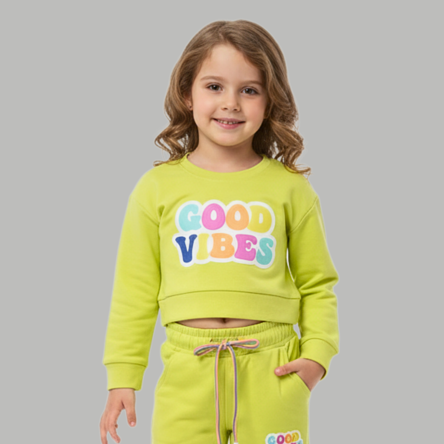 JUST CLOTHES Girls “Good Vibes” Tracksuit Set – Rani / Lime (1–4 Years)