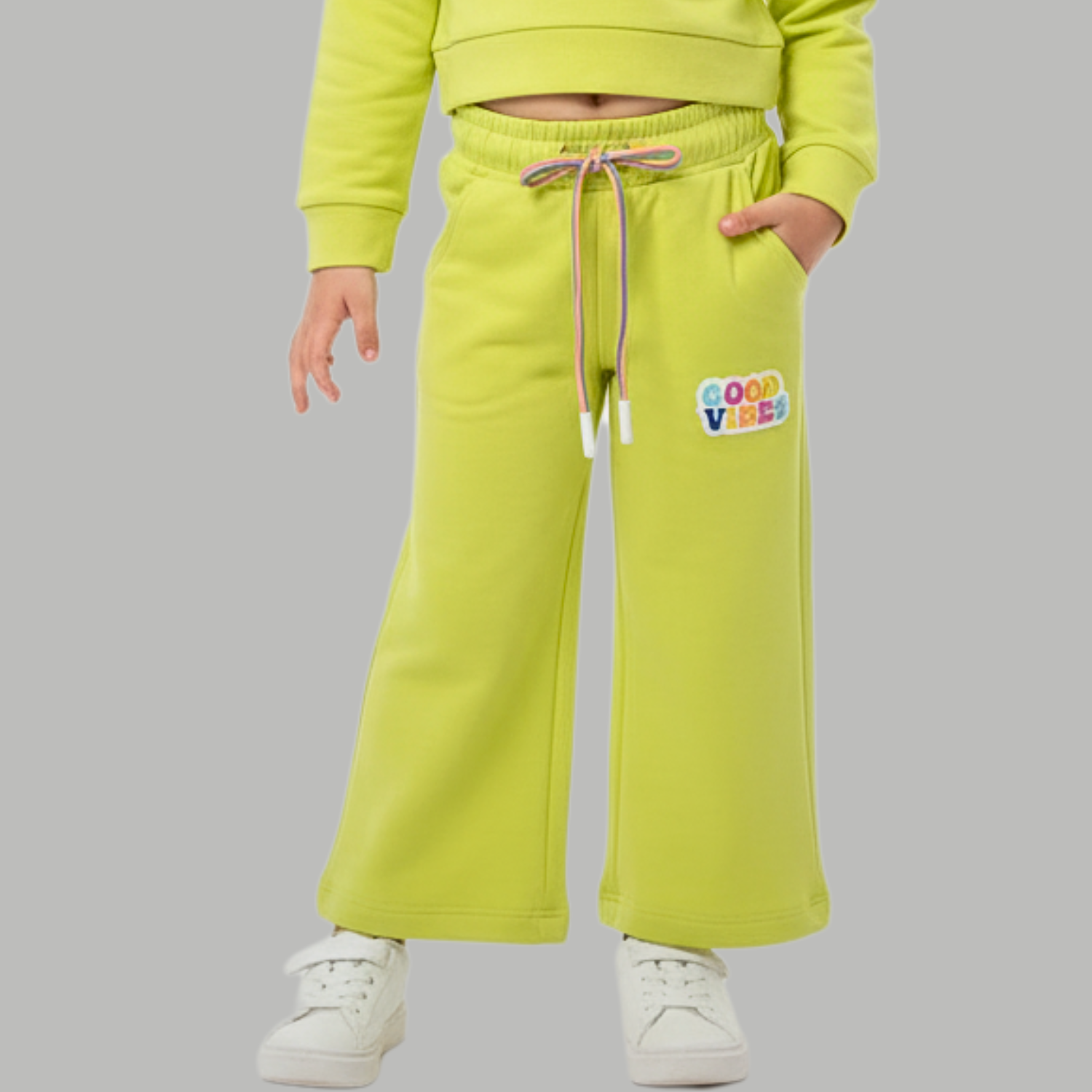 JUST CLOTHES Girls “Good Vibes” Tracksuit Set – Rani / Lime (1–4 Years)