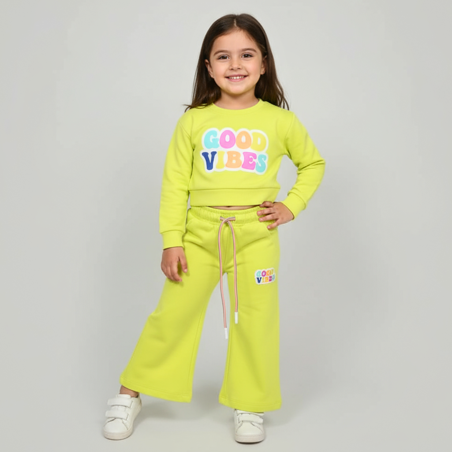 JUST CLOTHES Girls “Good Vibes” Tracksuit Set – Rani / Lime (1–4 Years)