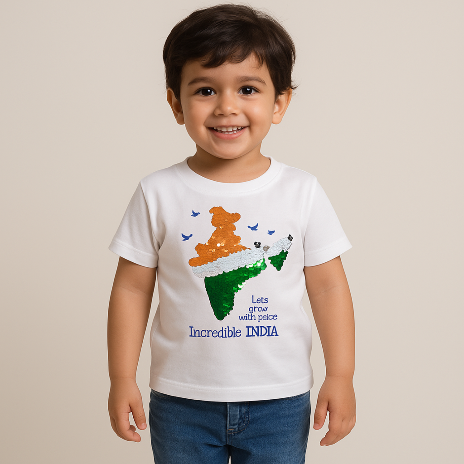 Smile Baby Incredible India Sequin T-Shirt for Kids (1–6 Years) – Tricolor Map Design