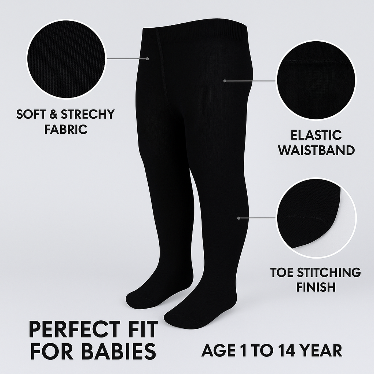 Smile Baby Girls' Full-Length Cotton Tights – Black | Soft & Stretchable | Ages 1–14 Years