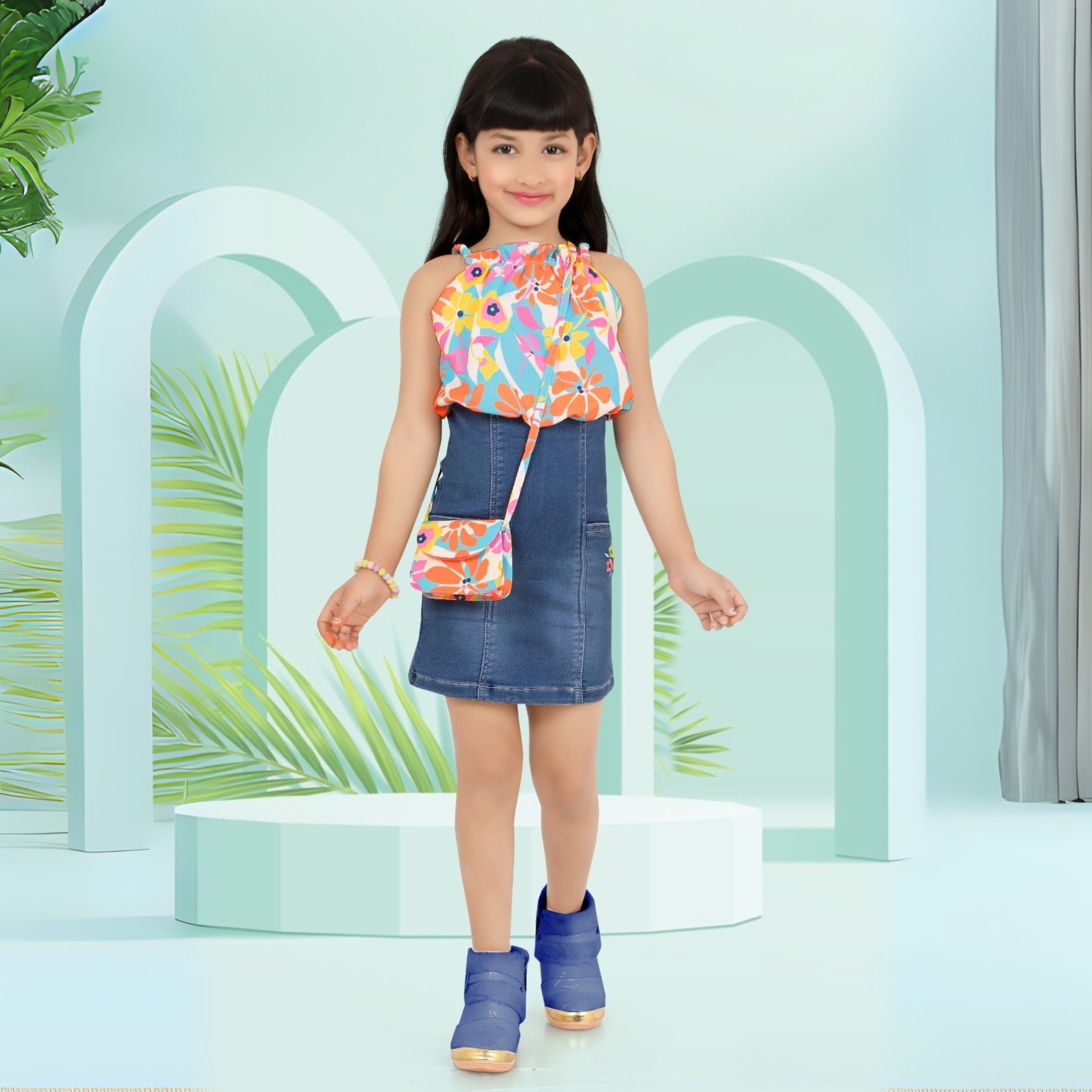 Lemonmint Denim Floral Print Party Wear Middi /Dress Sleeveless Dress With Purse (S.Blue)