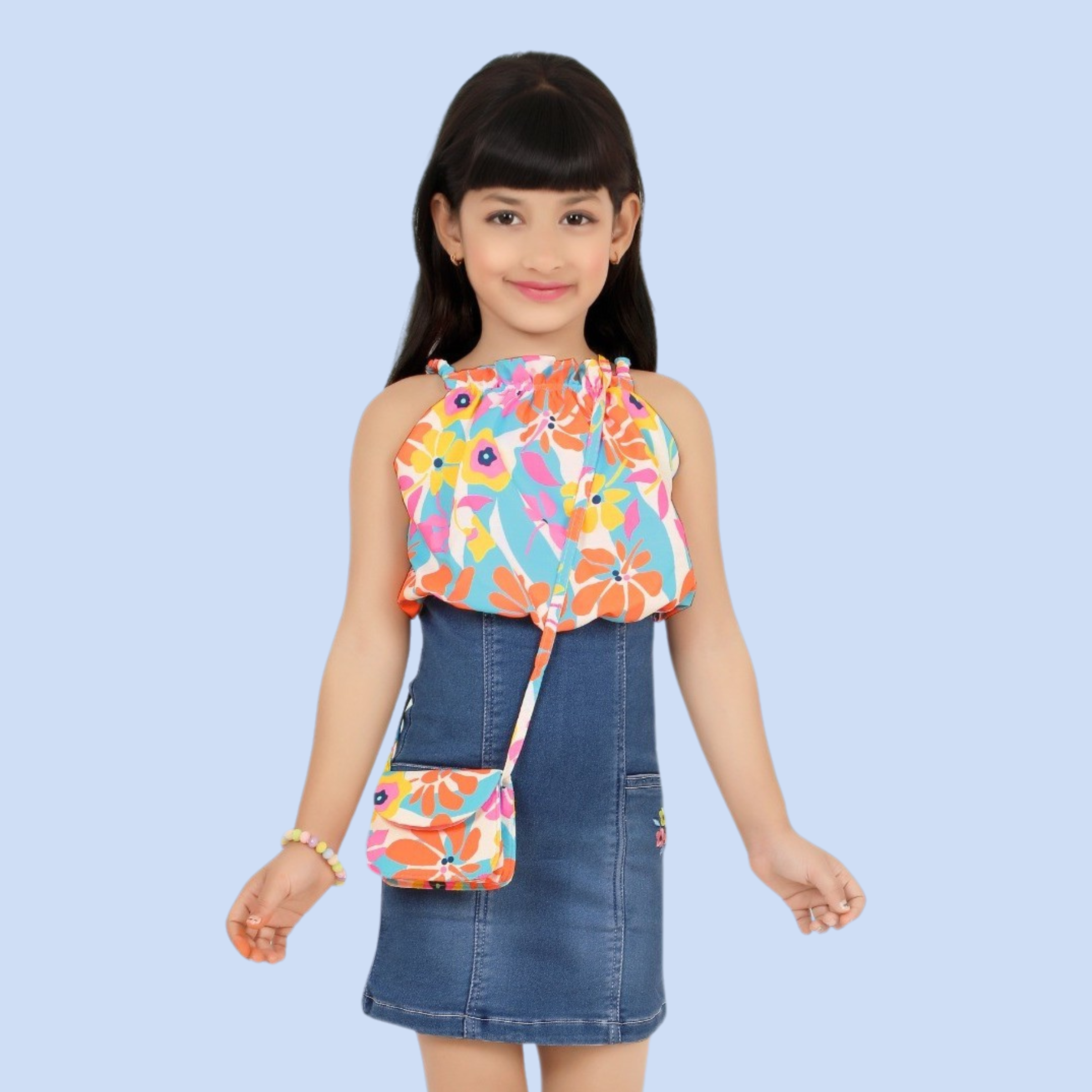 Lemonmint Denim Floral Print Party Wear Middi /Dress Sleeveless Dress With Purse (S.Blue)