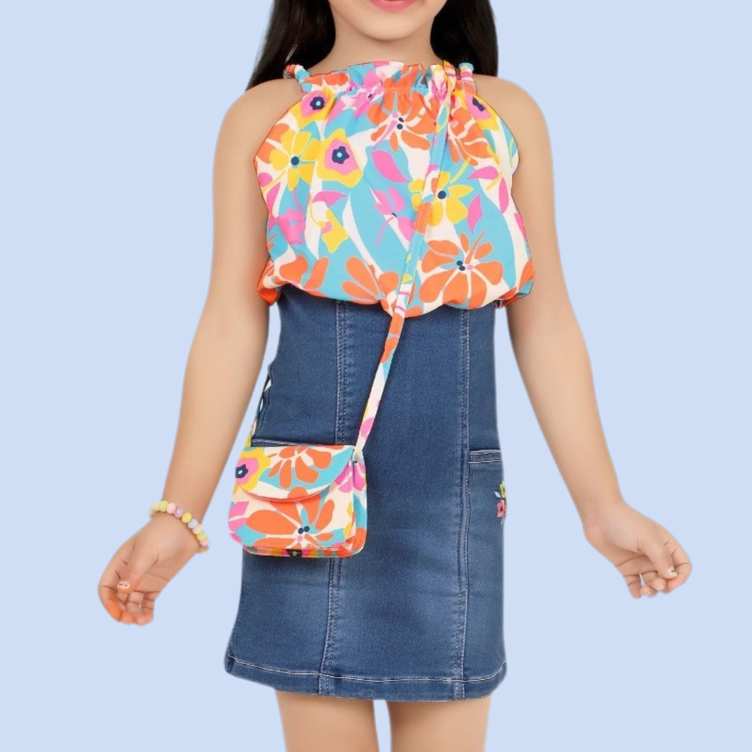 Lemonmint Denim Floral Print Party Wear Middi /Dress Sleeveless Dress With Purse (S.Blue)