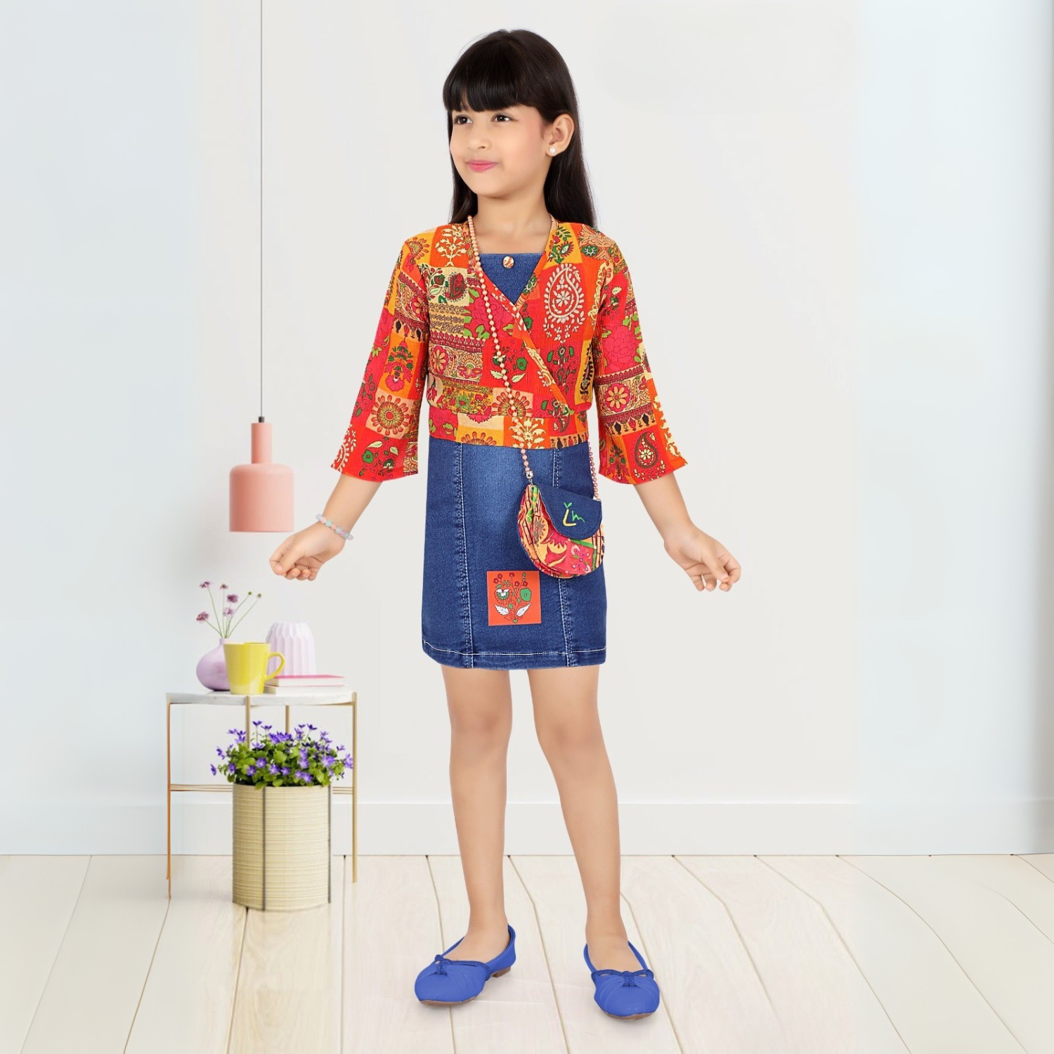 Lemonmint Girls Denim & Ethnic Print Short Dress with Bag – Trendy Casual Wear
