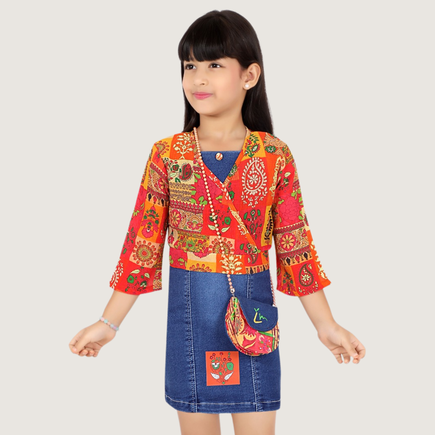 Lemonmint Girls Denim & Ethnic Print Short Dress with Bag – Trendy Casual Wear
