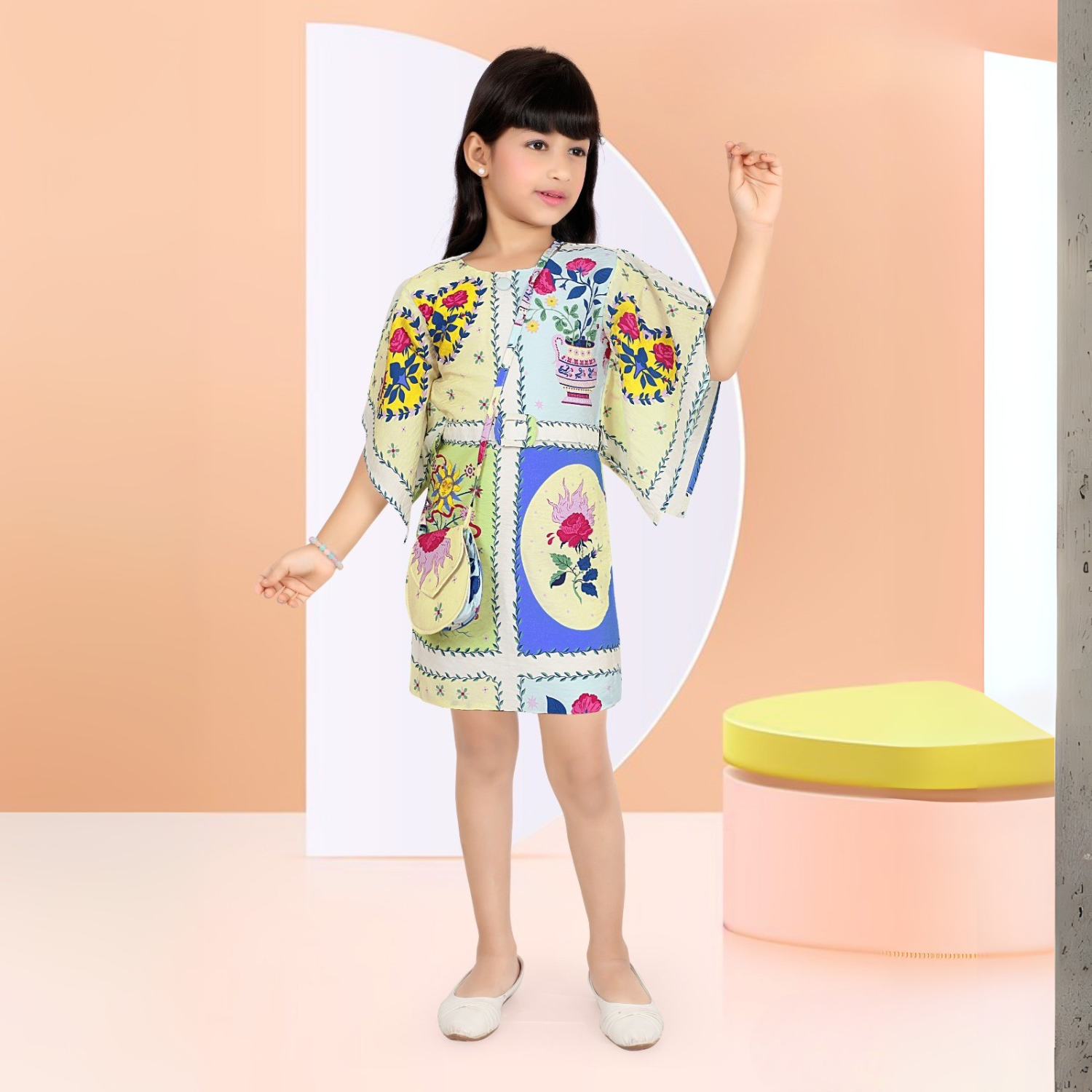 Lemonmint Girls Floral Patchwork Short Dress with Matching Bag – Stylish Everyday Wear