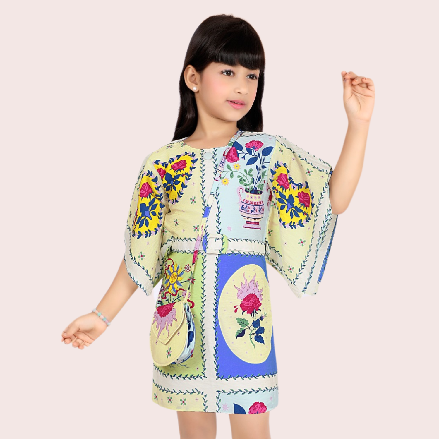 Lemonmint Girls Floral Patchwork Short Dress with Matching Bag – Stylish Everyday Wear