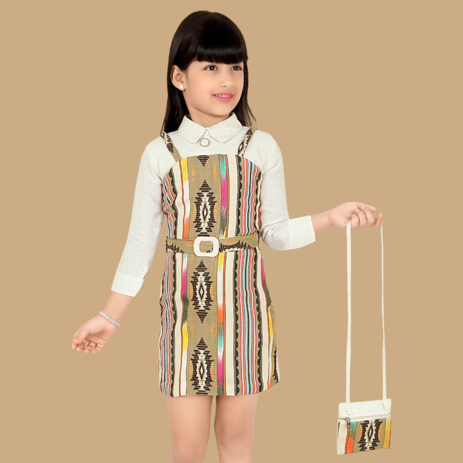 LEMONMINT Girls Two-Piece Pinafore Dress & Shirt Set with Belt and Matching Sling Bag