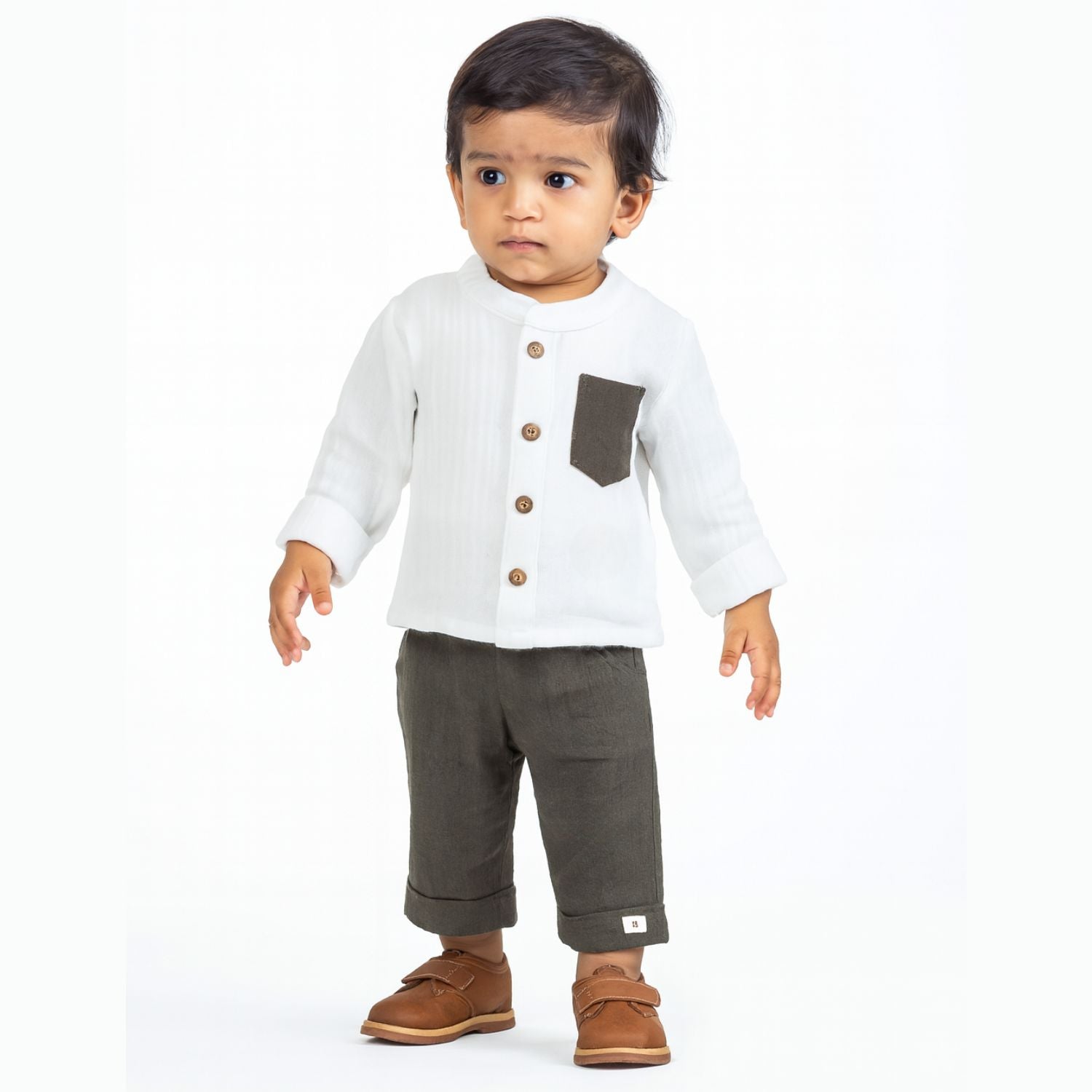 Smile Baby Cotton Shirt & Pant Set – White/Olive & White/Brown | 0–3 Years