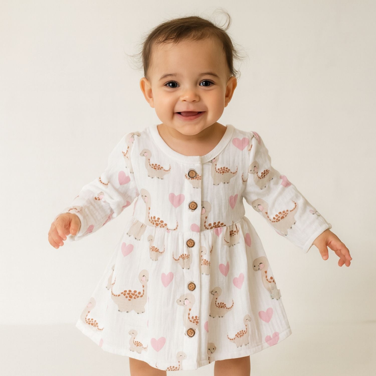 Smile Baby Cream Dinosaur & Hearts Print Cotton Frock for Girls (0–3 Years)