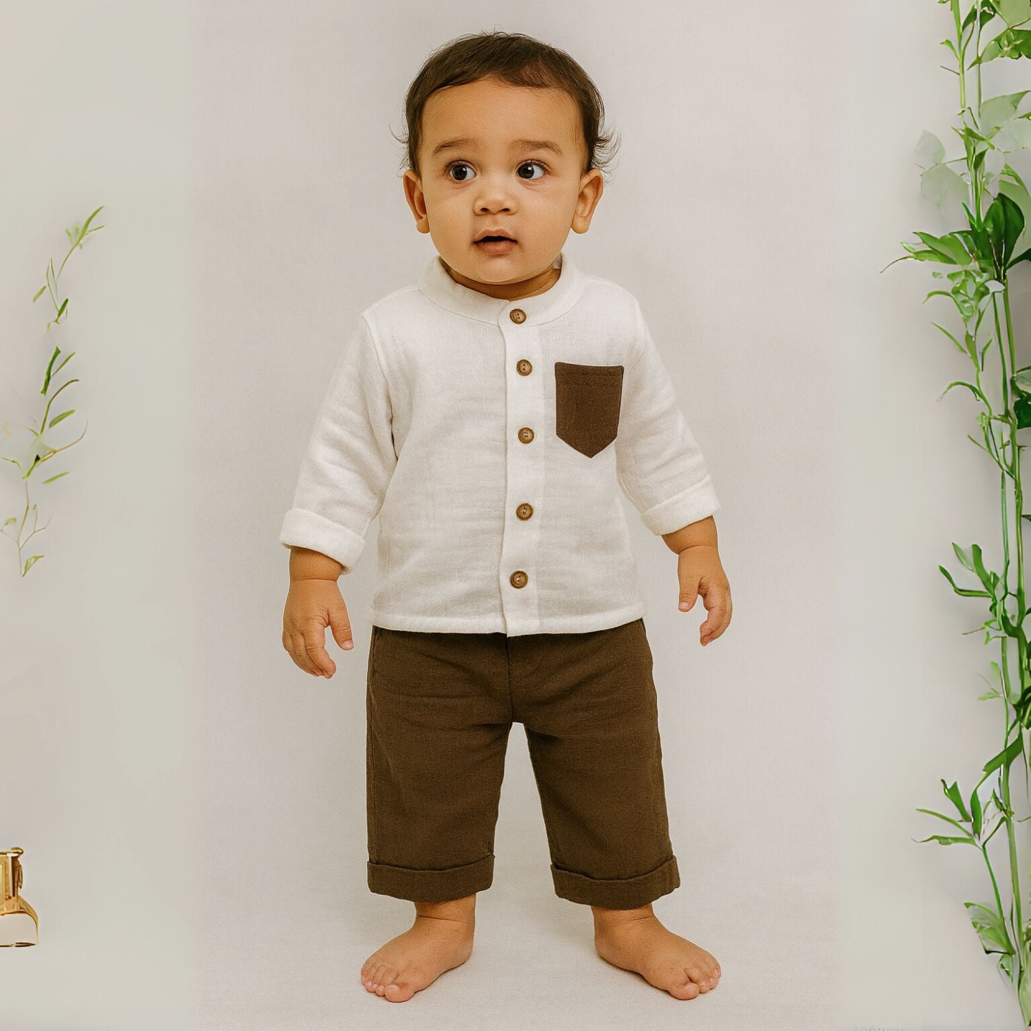 Smile Baby Cotton Shirt & Pant Set – White/Olive & White/Brown | 0–3 Years