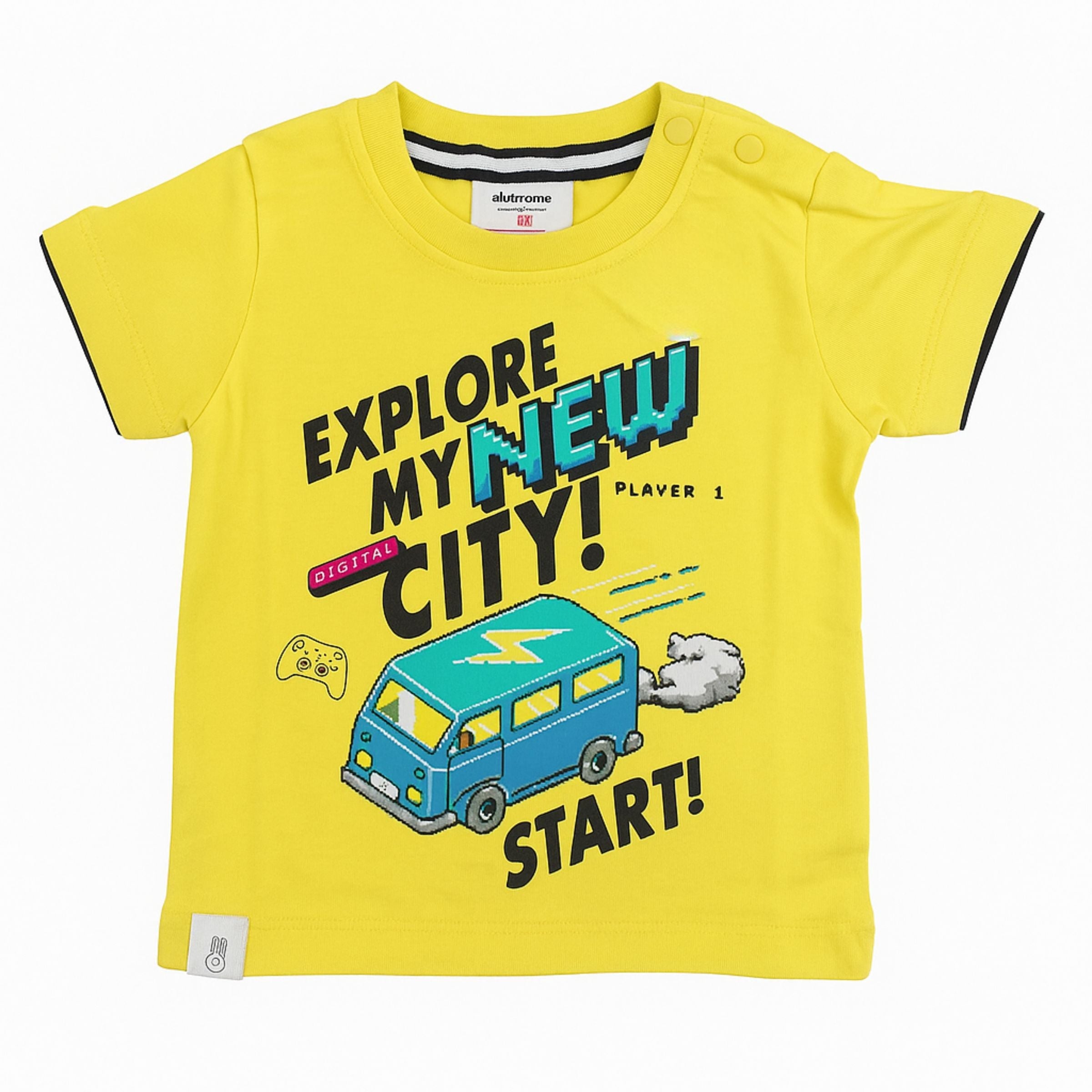 OLLYPOP “Explore My New City” Baby T-Shirt – Soft Cotton Half Sleeve Tee for Boys (6–12M) – Sponge Bob Yellow & Black