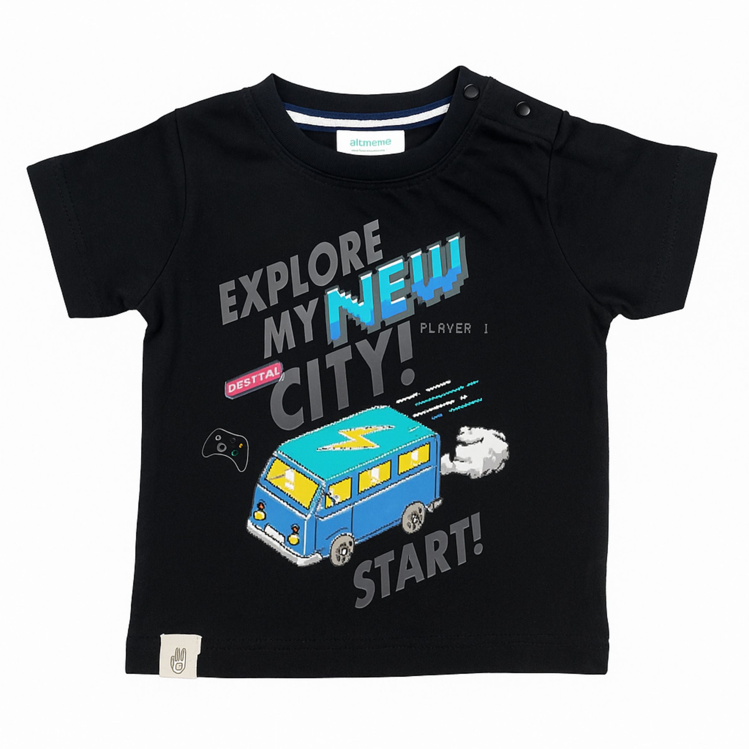 OLLYPOP “Explore My New City” Baby T-Shirt – Soft Cotton Half Sleeve Tee for Boys (6–12M) – Sponge Bob Yellow & Black