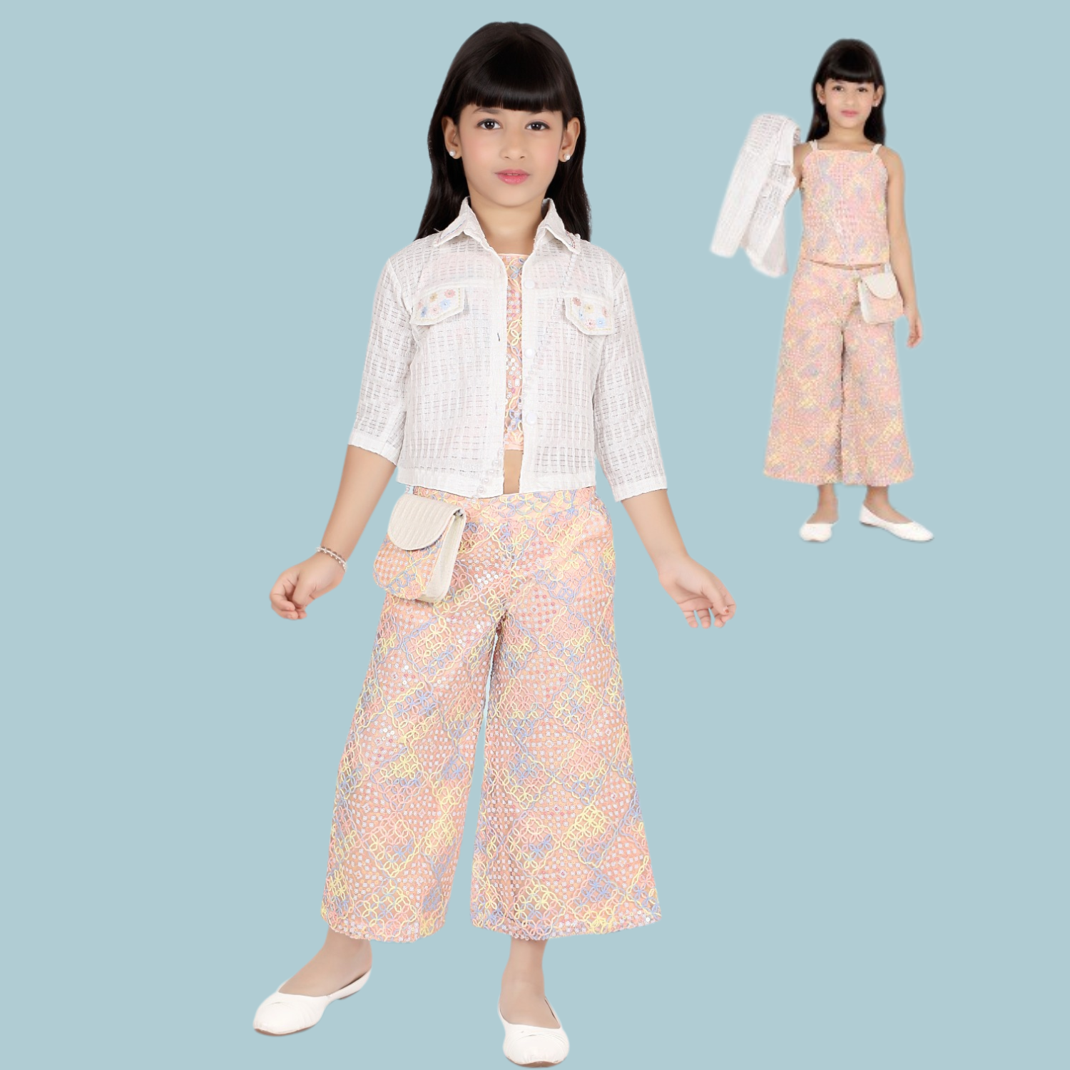 LEMONMINT Girls Three-Piece Casual Summer Outfit – Printed Crop Top, Wide-Leg Pants & Sheer Shirt