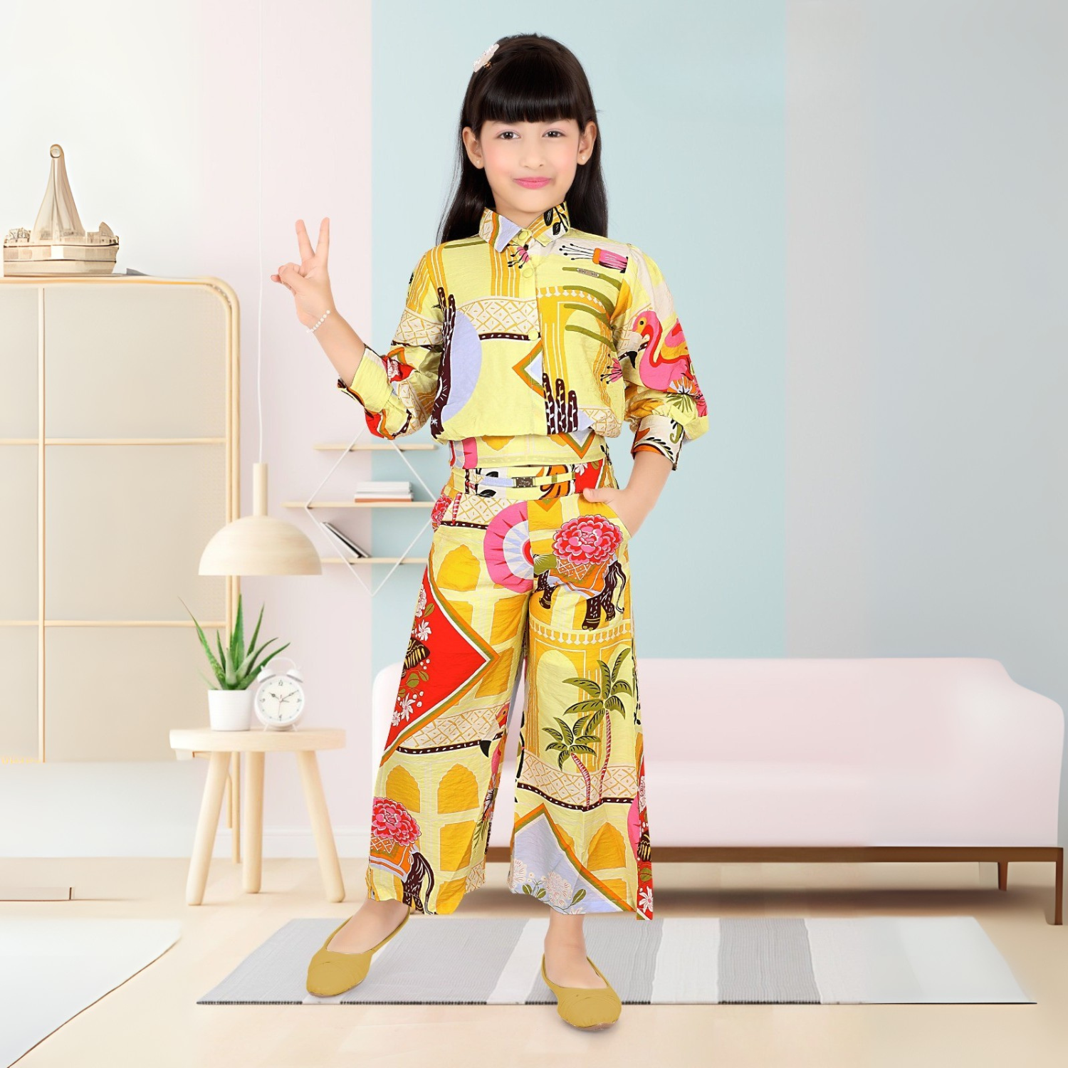 LEMONMINT Girls Yellow Printed Palazzo Set – Stylish Collared Top & Matching Palazzo Pants