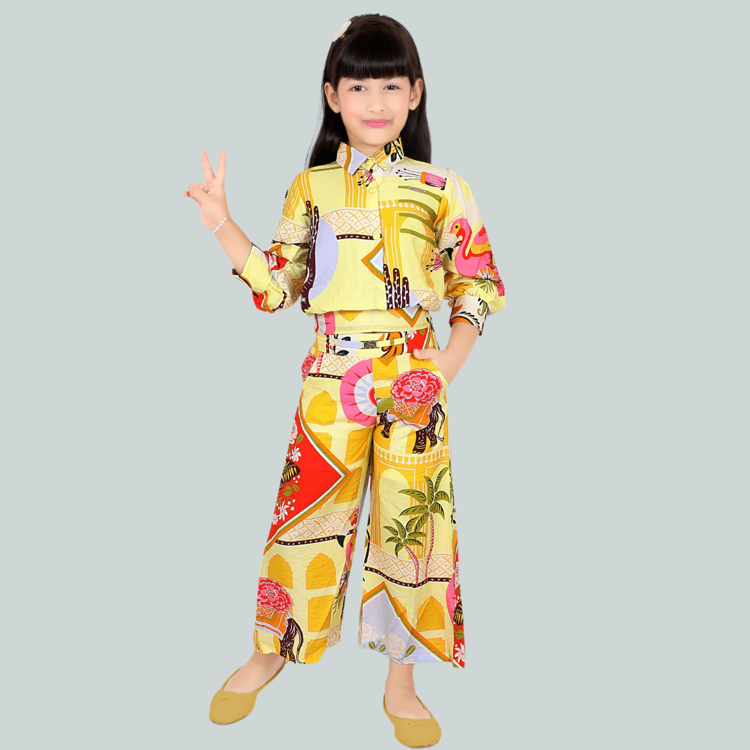 LEMONMINT Girls Yellow Printed Palazzo Set – Stylish Collared Top & Matching Palazzo Pants
