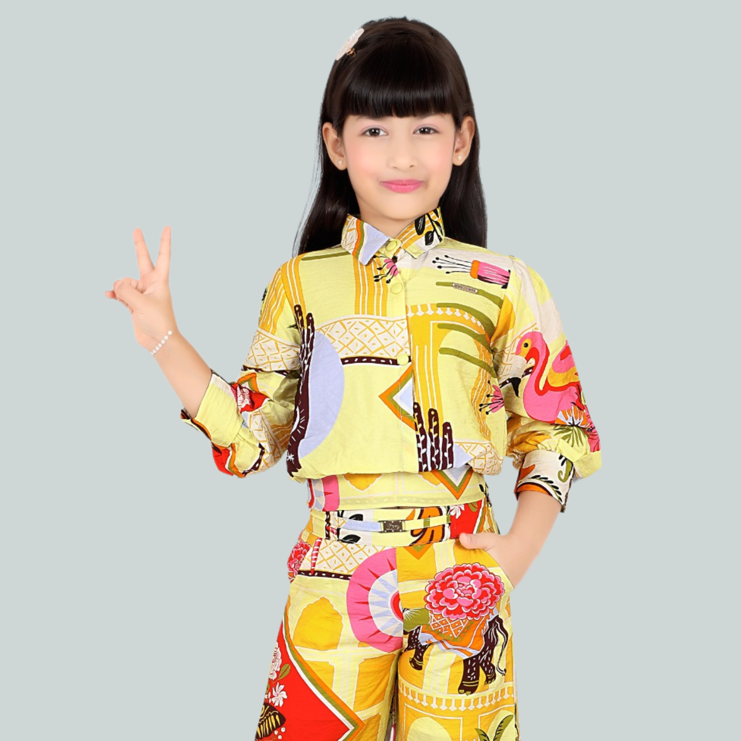 LEMONMINT Girls Yellow Printed Palazzo Set – Stylish Collared Top & Matching Palazzo Pants
