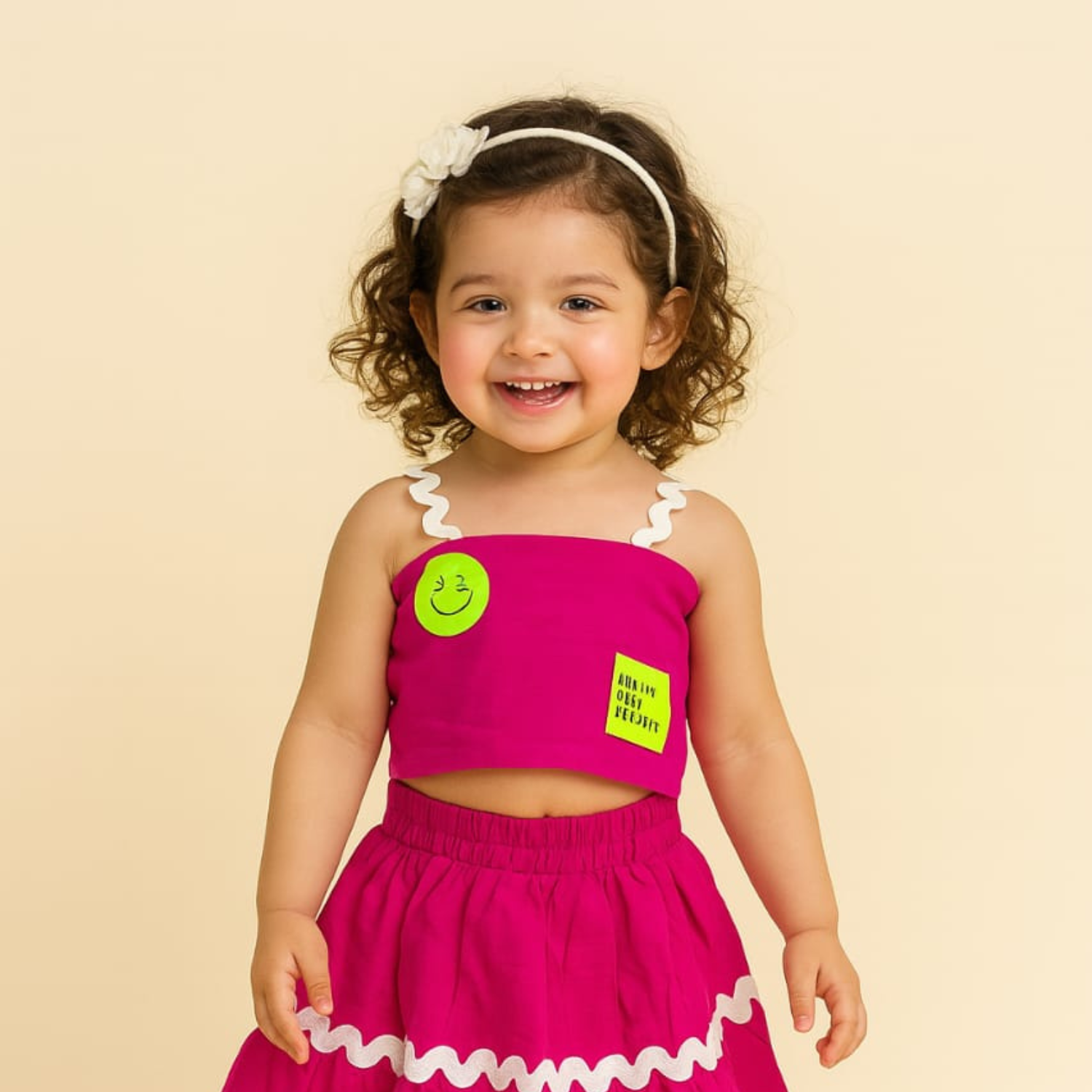 Smile Baby Girls’ Ruffle Coord Set – Crop Top & Skirt | Neon Green, Yellow, Hot Pink | Age 6M–4Y