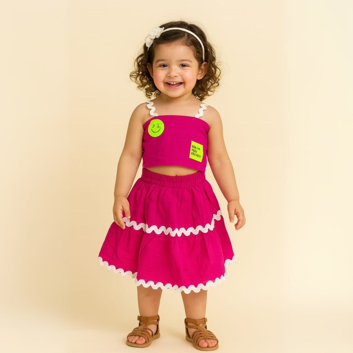 Smile Baby Girls’ Ruffle Coord Set – Crop Top & Skirt | Neon Green, Yellow, Hot Pink | Age 6M–4Y
