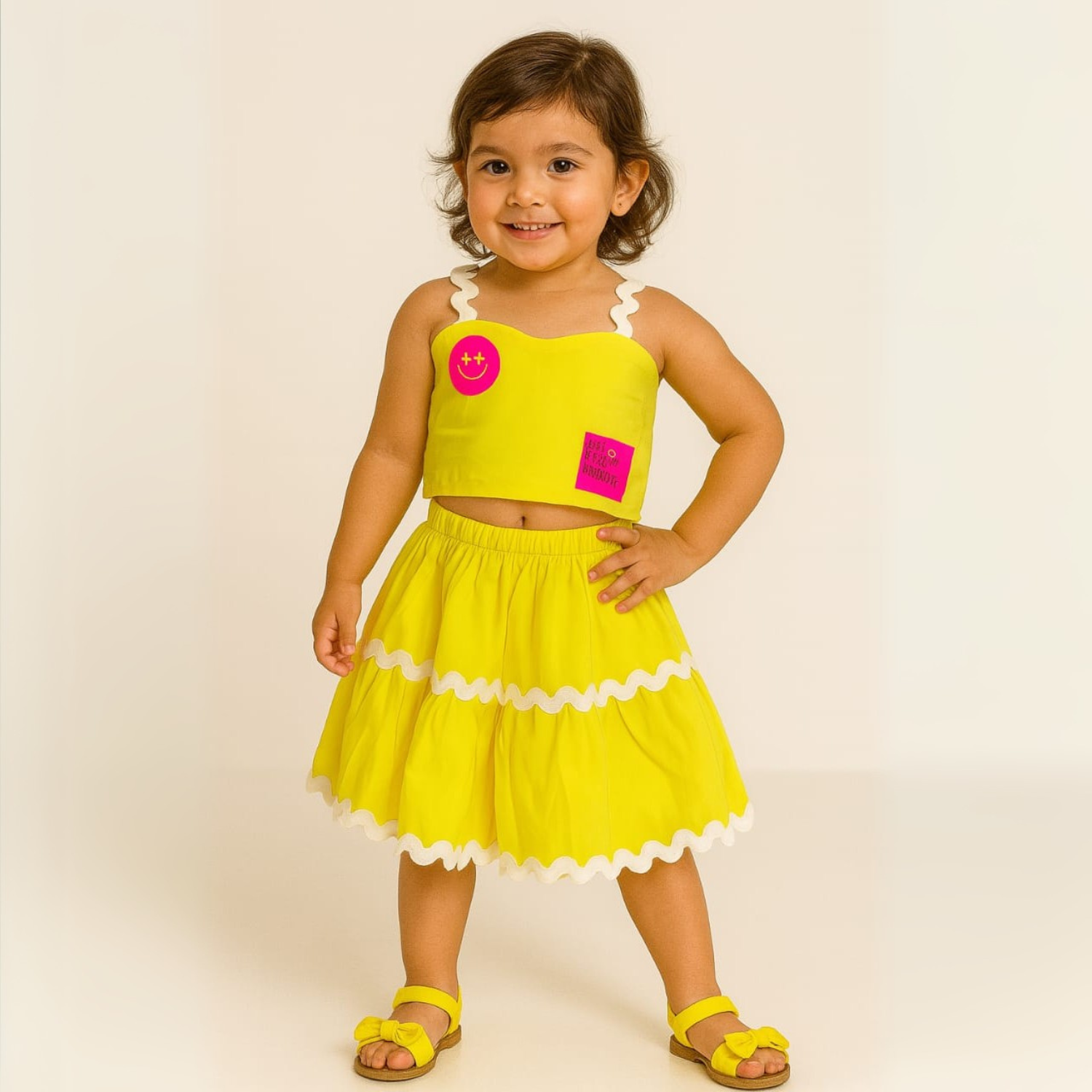 Smile Baby Girls’ Ruffle Coord Set – Crop Top & Skirt | Neon Green, Yellow, Hot Pink | Age 6M–4Y