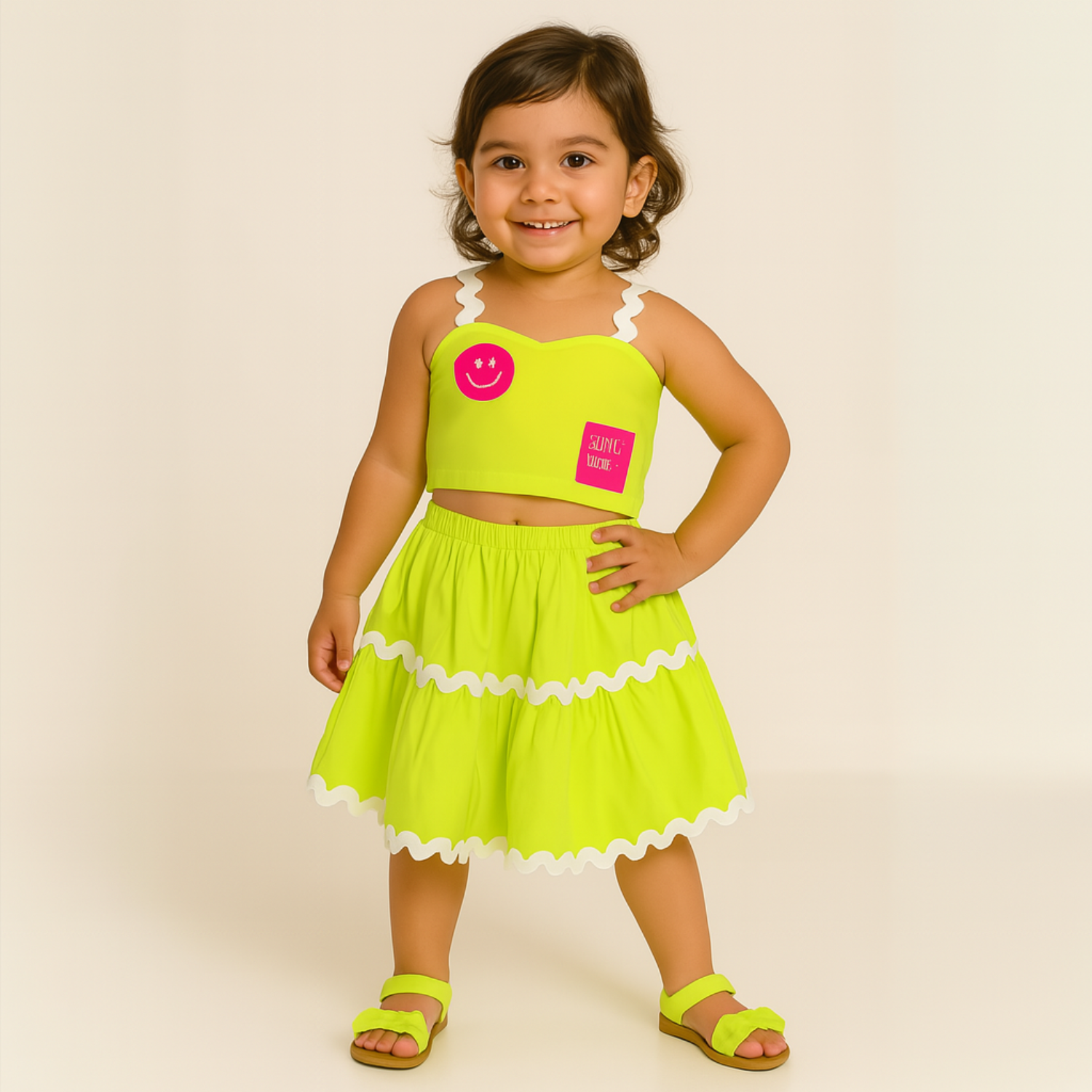 Smile Baby Girls’ Ruffle Coord Set – Crop Top & Skirt | Neon Green, Yellow, Hot Pink | Age 6M–4Y
