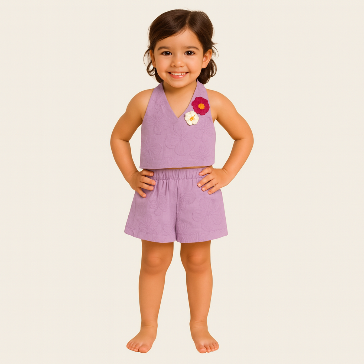 Smile Baby Girls' Embroidered Halter Top & Shorts Set – Fawn & Pink | 6M–4Y