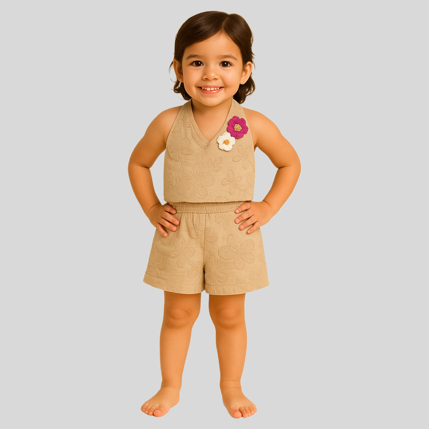 Smile Baby Girls' Embroidered Halter Top & Shorts Set – Fawn & Pink | 6M–4Y