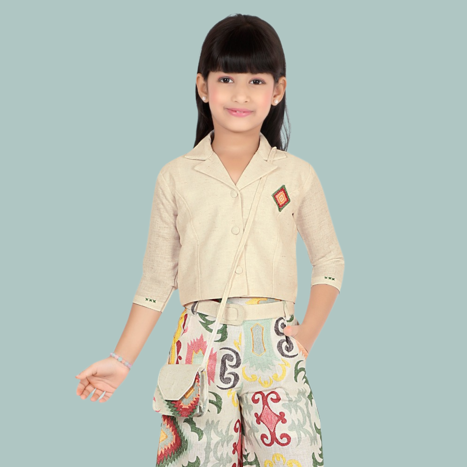 LEMONMINT Girls Stylish Palazzo Set – Beige Crop Top with Printed Palazzo & Sling Bag