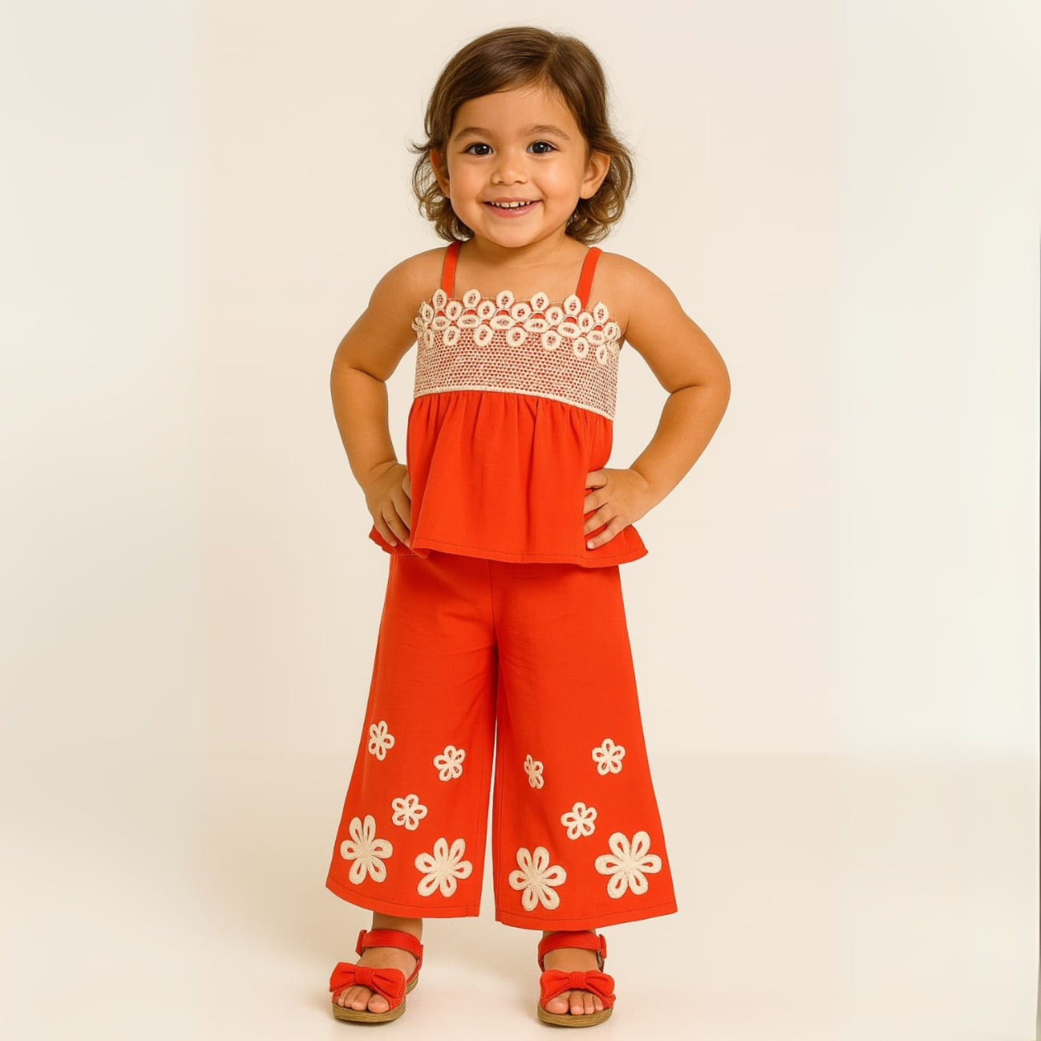 Smile Baby Girls’ Cotton Co-ord Set – Daisy Embroidery | Hot Pink / Neon Green / Orange | 6M–4Y