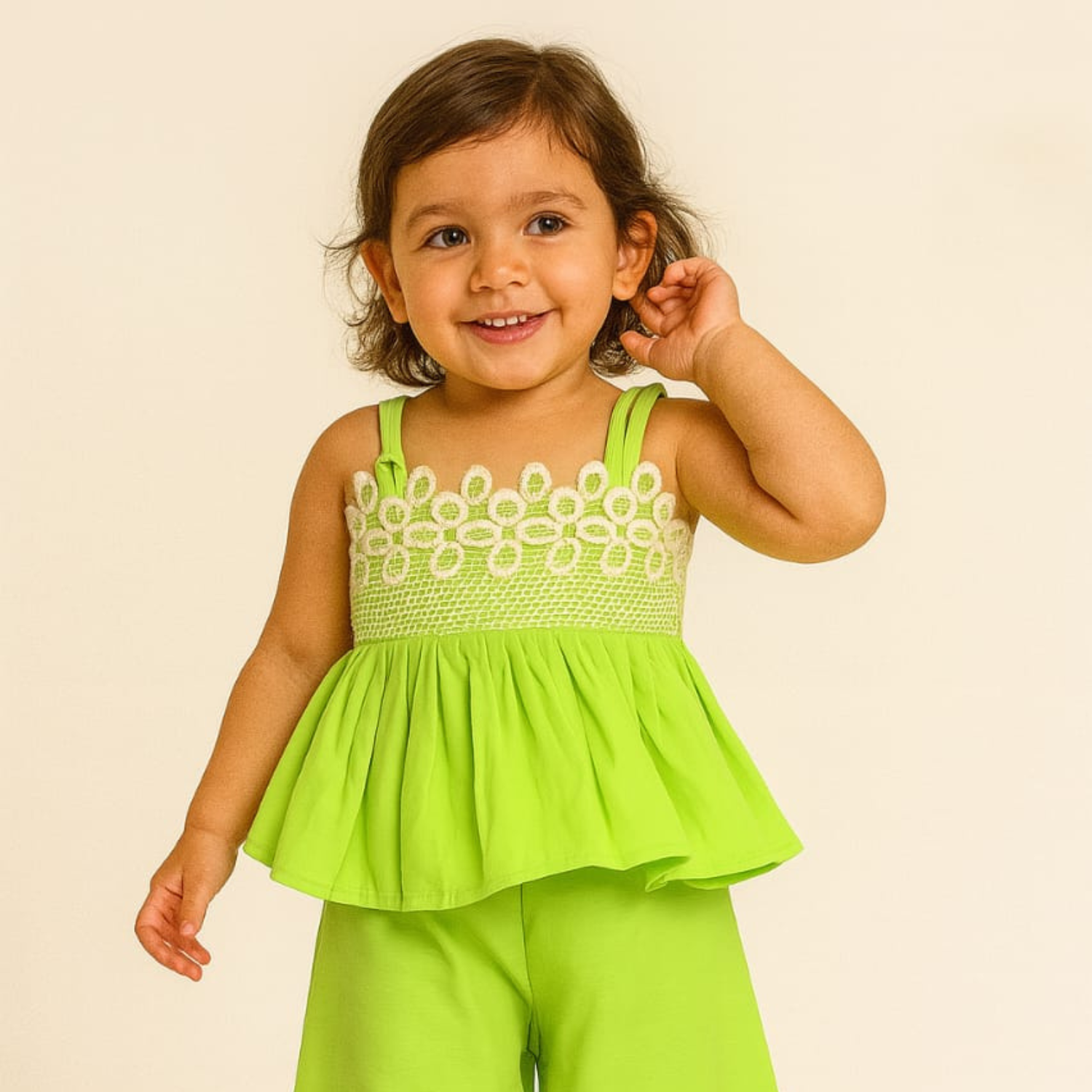 Smile Baby Girls’ Cotton Co-ord Set – Daisy Embroidery | Hot Pink / Neon Green / Orange | 6M–4Y