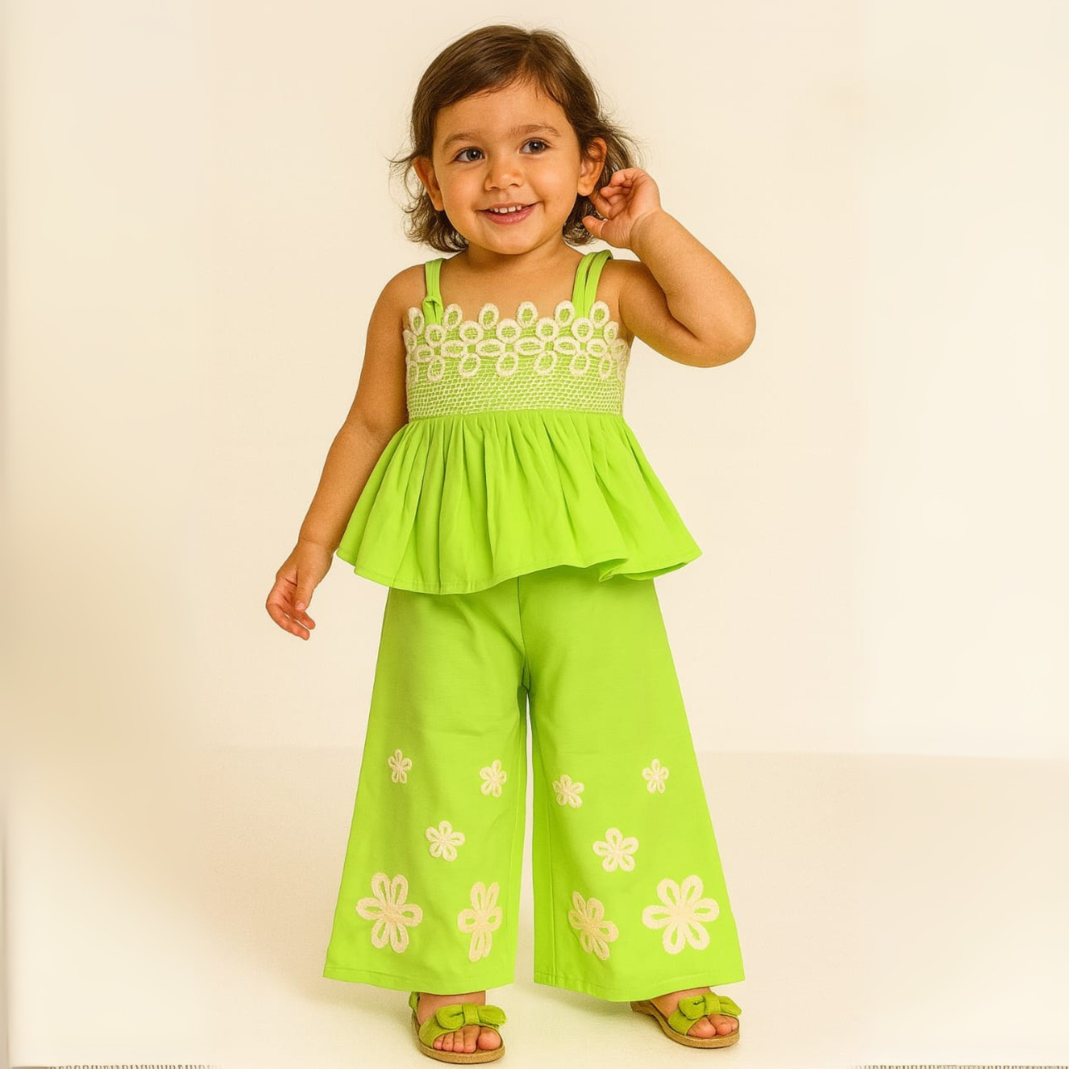 Smile Baby Girls’ Cotton Co-ord Set – Daisy Embroidery | Hot Pink / Neon Green / Orange | 6M–4Y