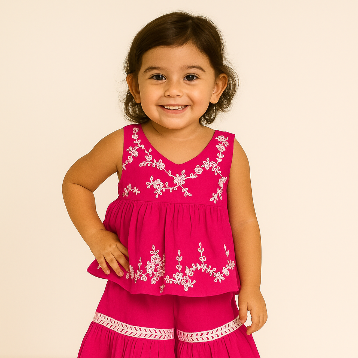 Smile Baby Embroidered Cotton Peplum Top & Palazzo Set – Hot Pink / Orange (6M–4Y)