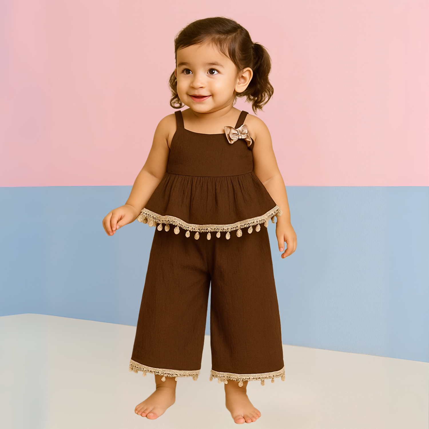 REVERSE X-TREME Brown Pom-Pom Lace Co-ord Set for Baby Girls (6M–4Y)