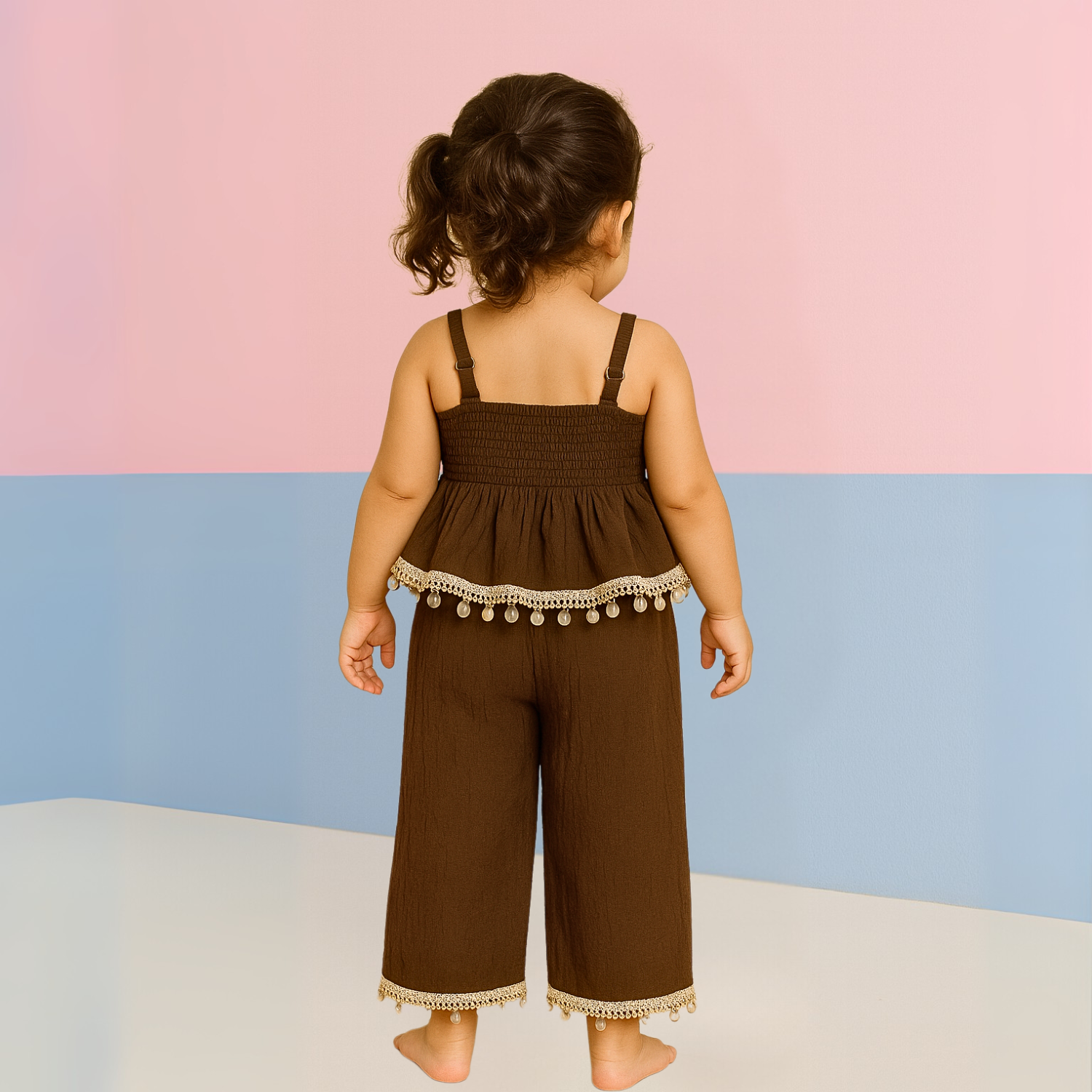 REVERSE X-TREME Brown Pom-Pom Lace Co-ord Set for Baby Girls (6M–4Y)