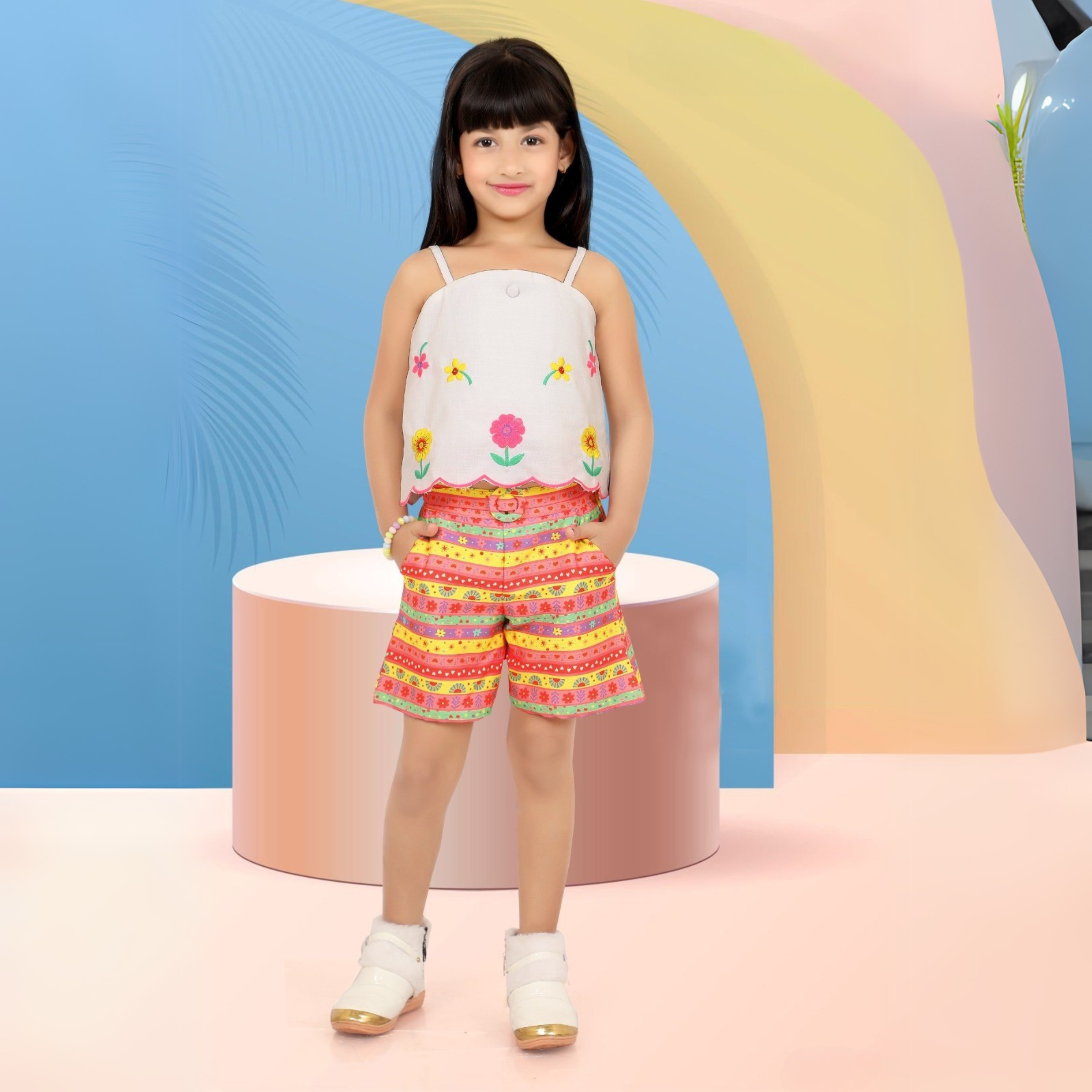 Lemonmint Girls Party Wear Short Set | Floral Printed Sleeveless Top And Short | 100% Cotton |