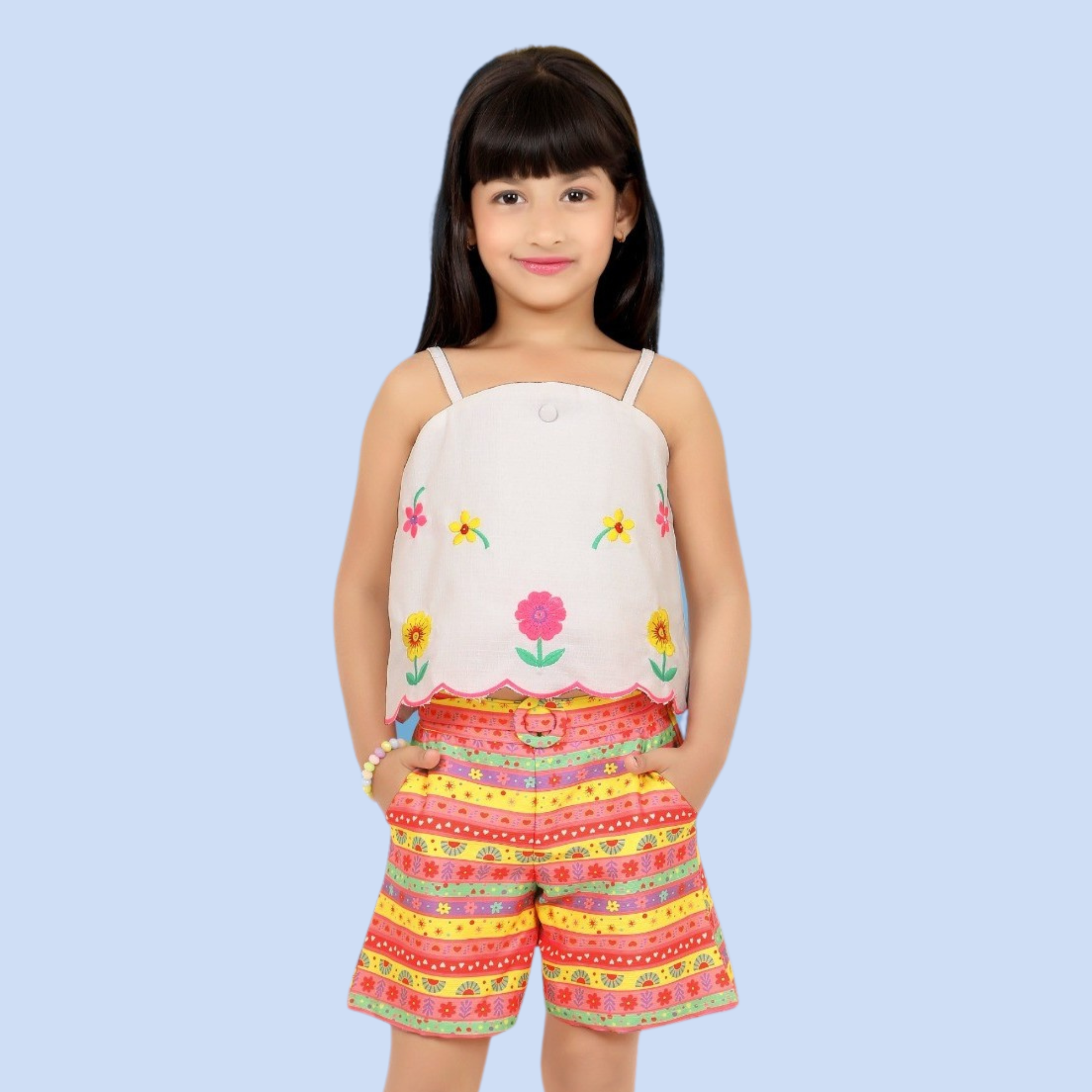 Lemonmint Girls Party Wear Short Set | Floral Printed Sleeveless Top And Short | 100% Cotton |