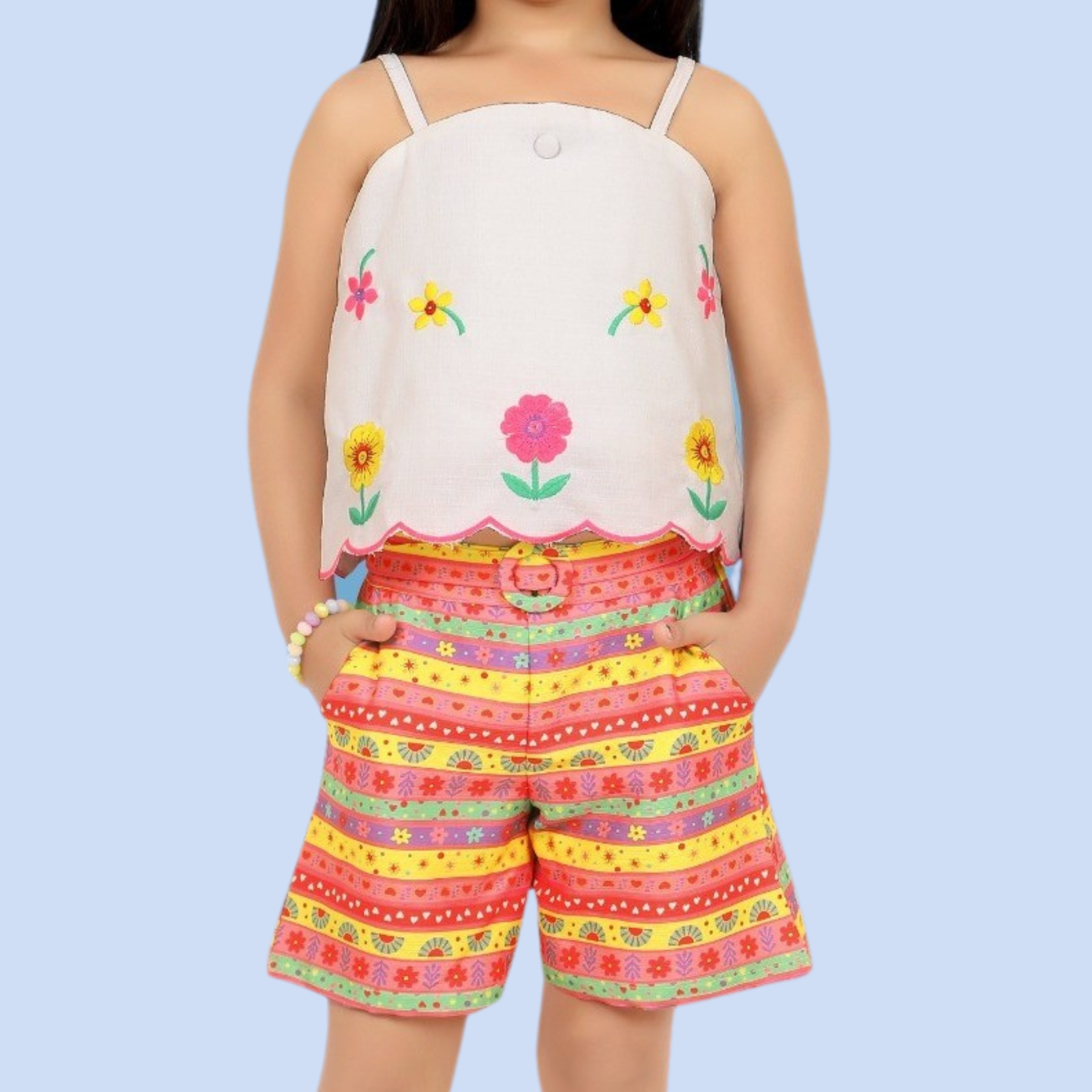 Lemonmint Girls Party Wear Short Set | Floral Printed Sleeveless Top And Short | 100% Cotton |