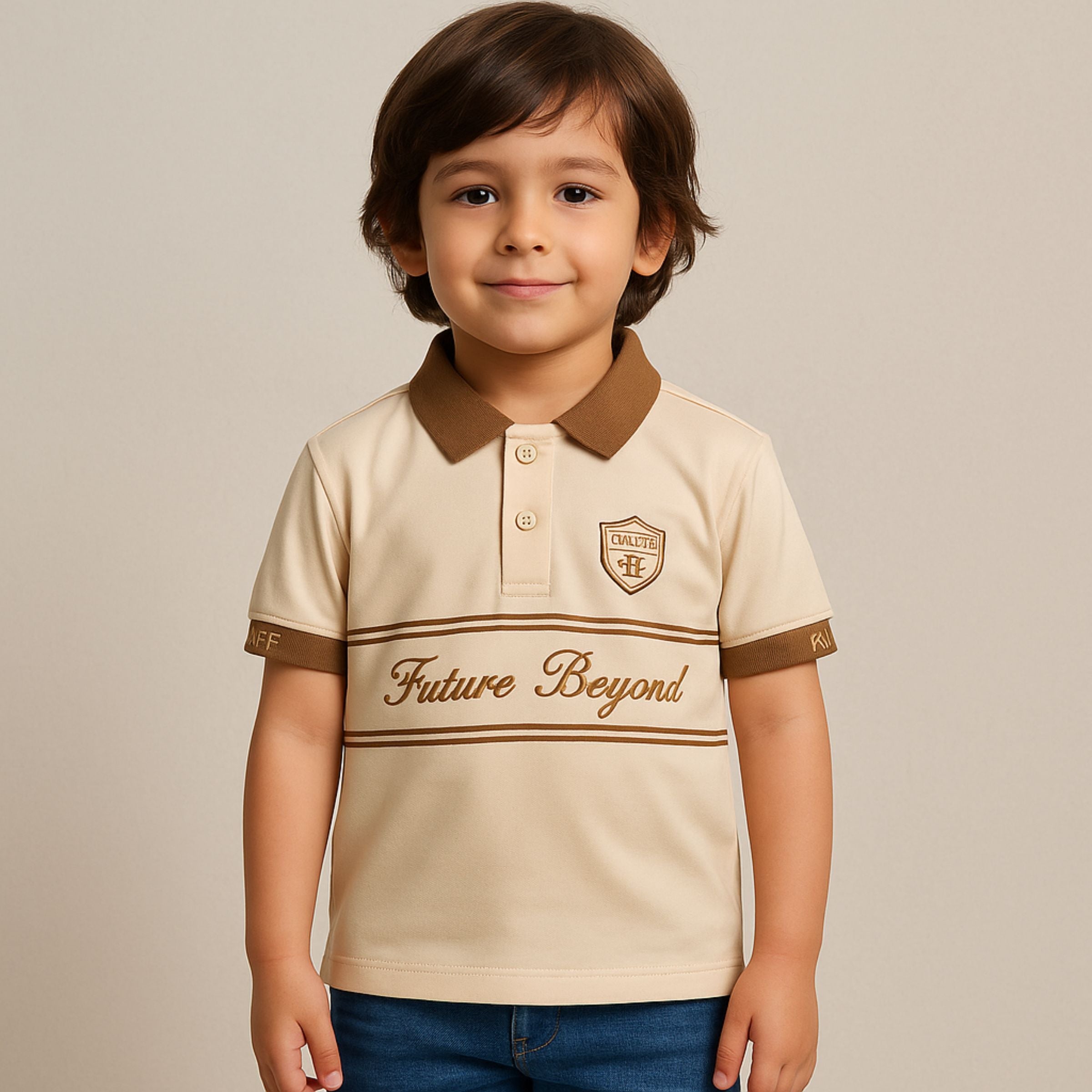 Smile Baby Boys’ Cream With Brown Detailing Polo T-Shirt – Ages 3 to 14 Years