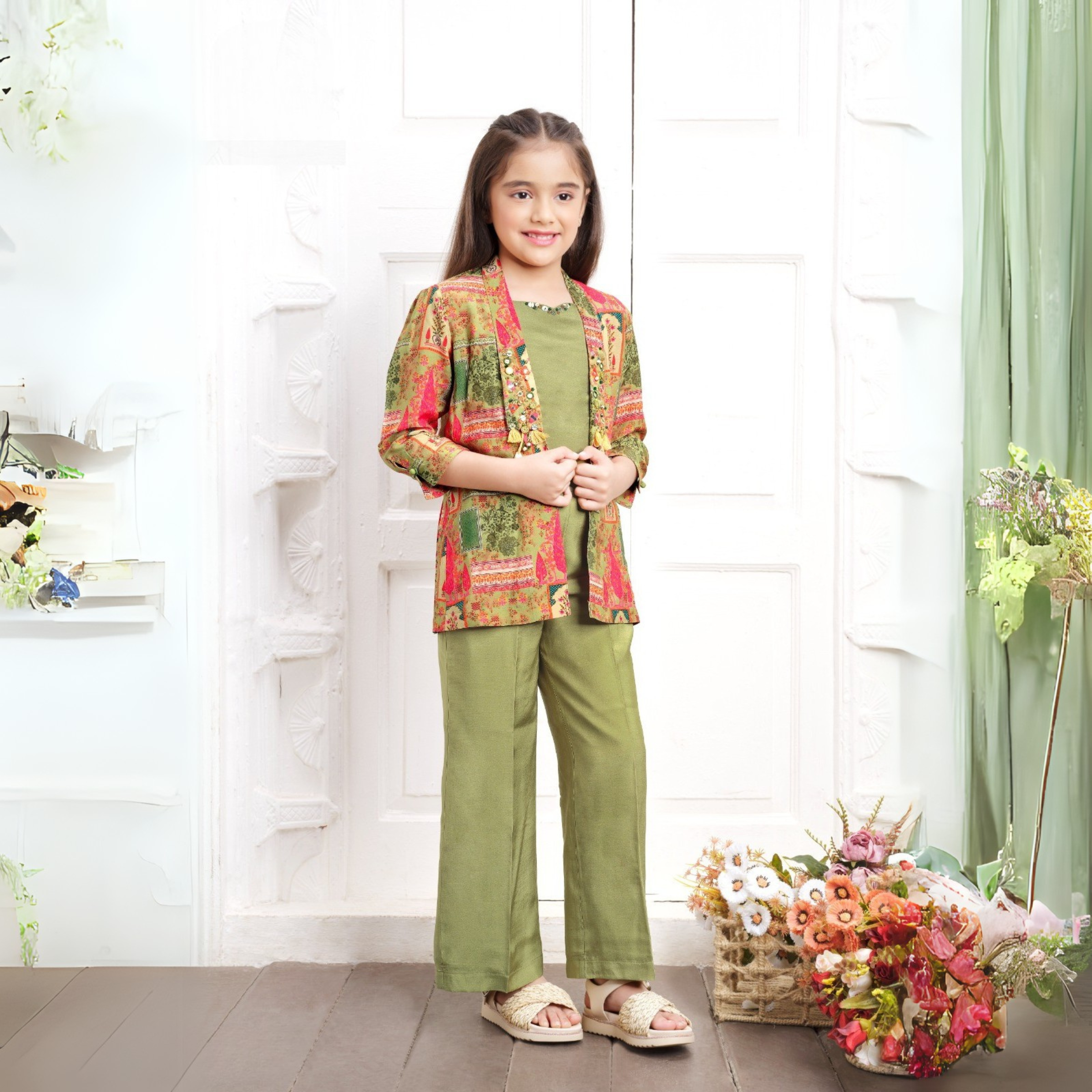 Tiny Baby Green Multicolor Digital Print Overcoat Styled Co-ord Set for Girls