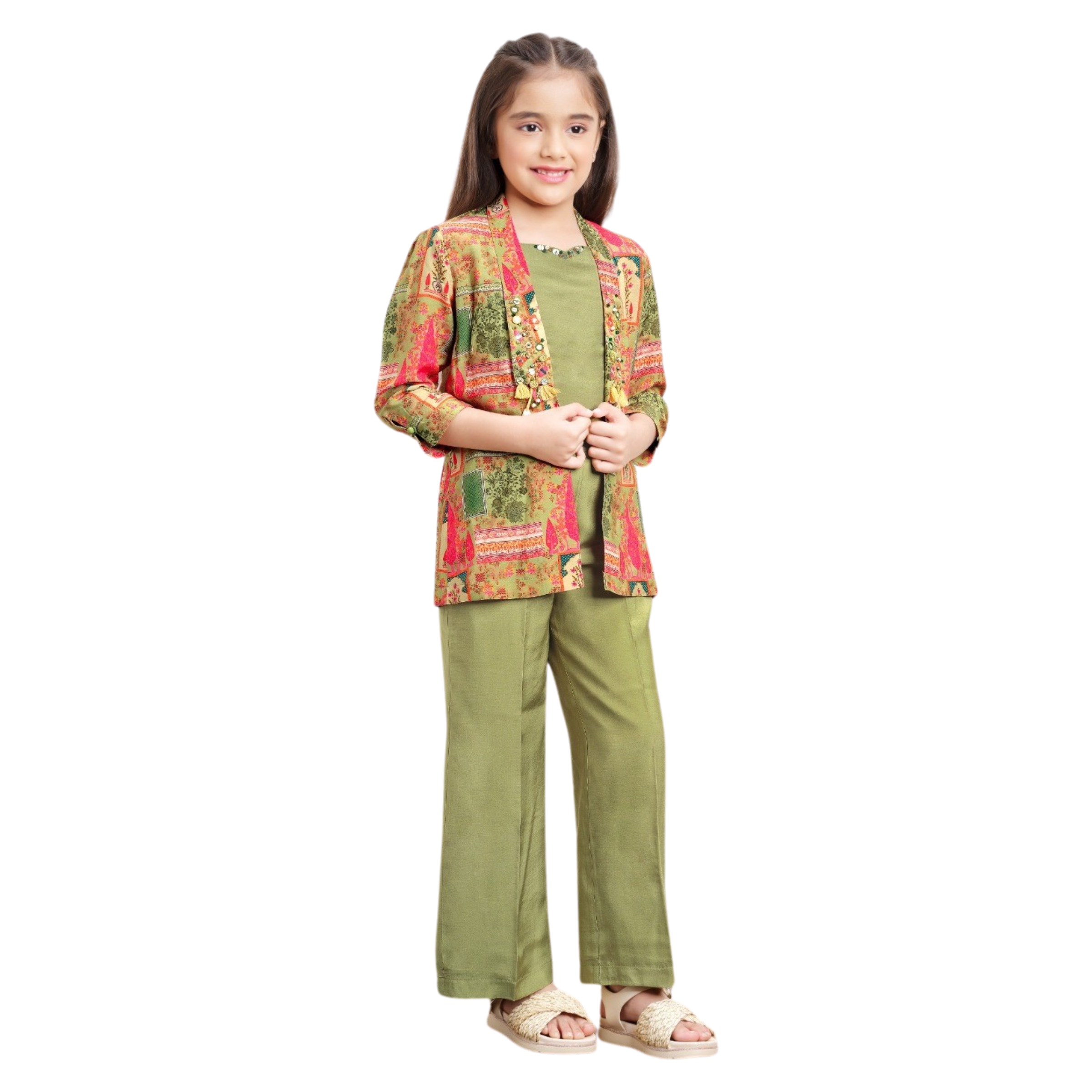 Tiny Baby Green Multicolor Digital Print Overcoat Styled Co-ord Set for Girls