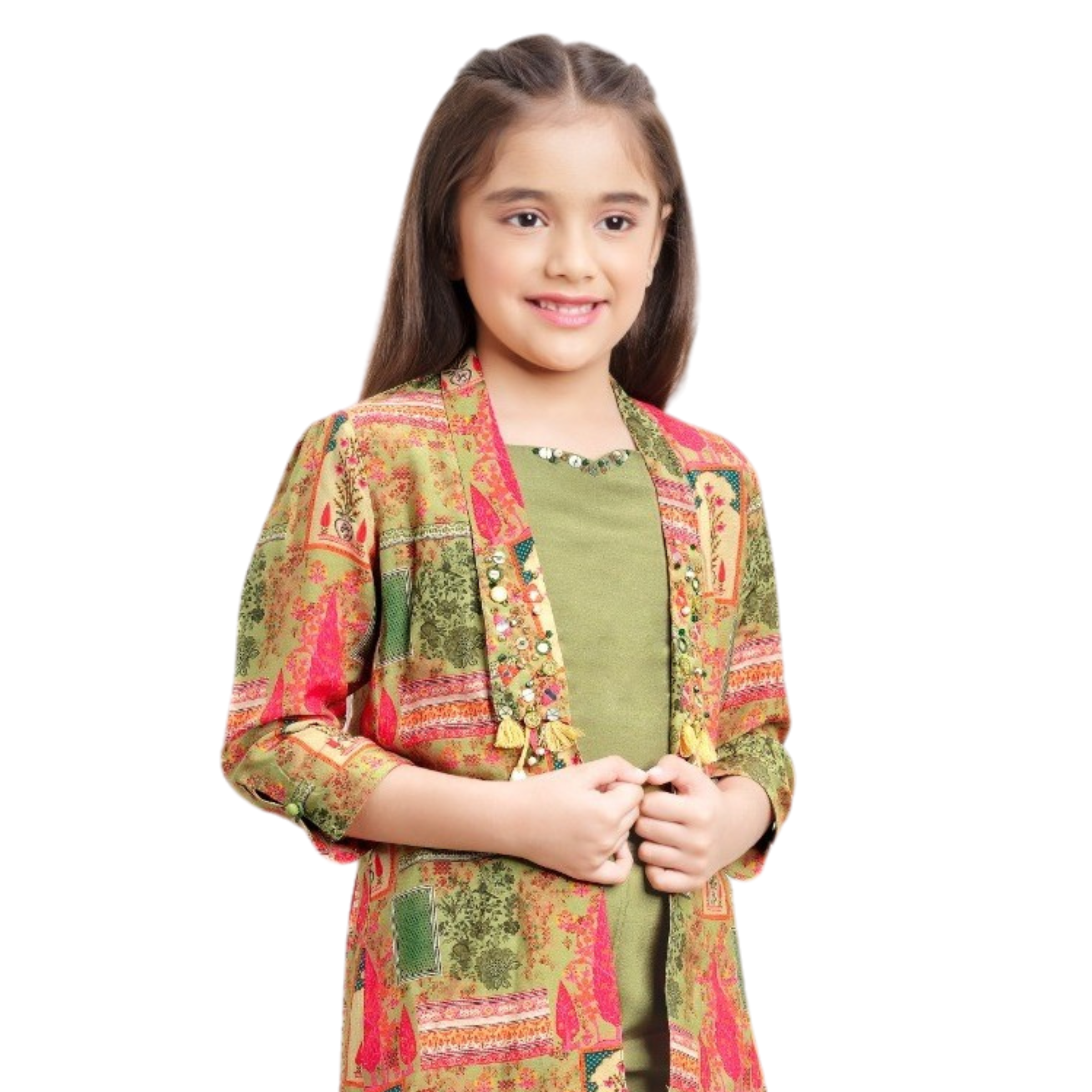 Tiny Baby Green Multicolor Digital Print Overcoat Styled Co-ord Set for Girls