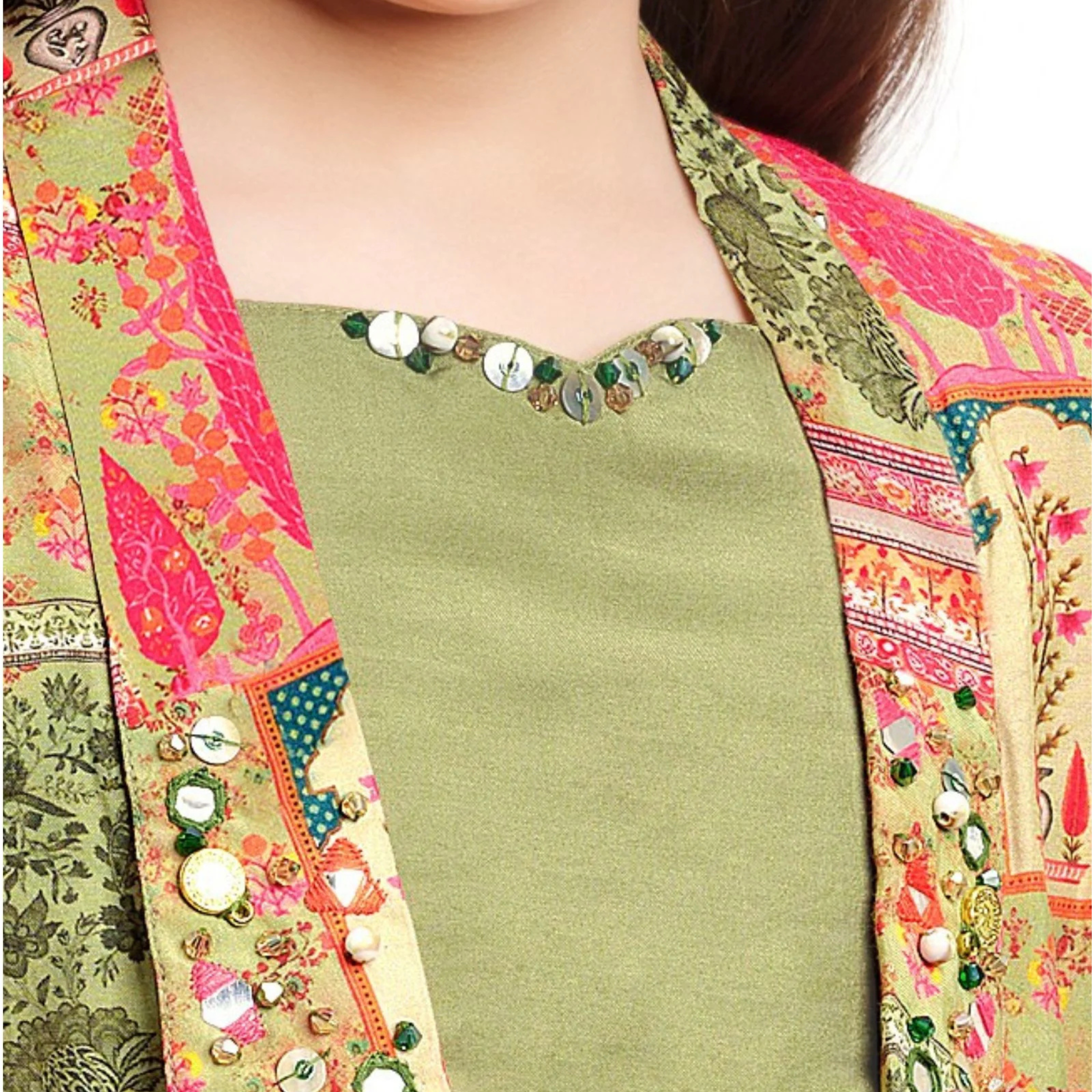 Tiny Baby Green Multicolor Digital Print Overcoat Styled Co-ord Set for Girls