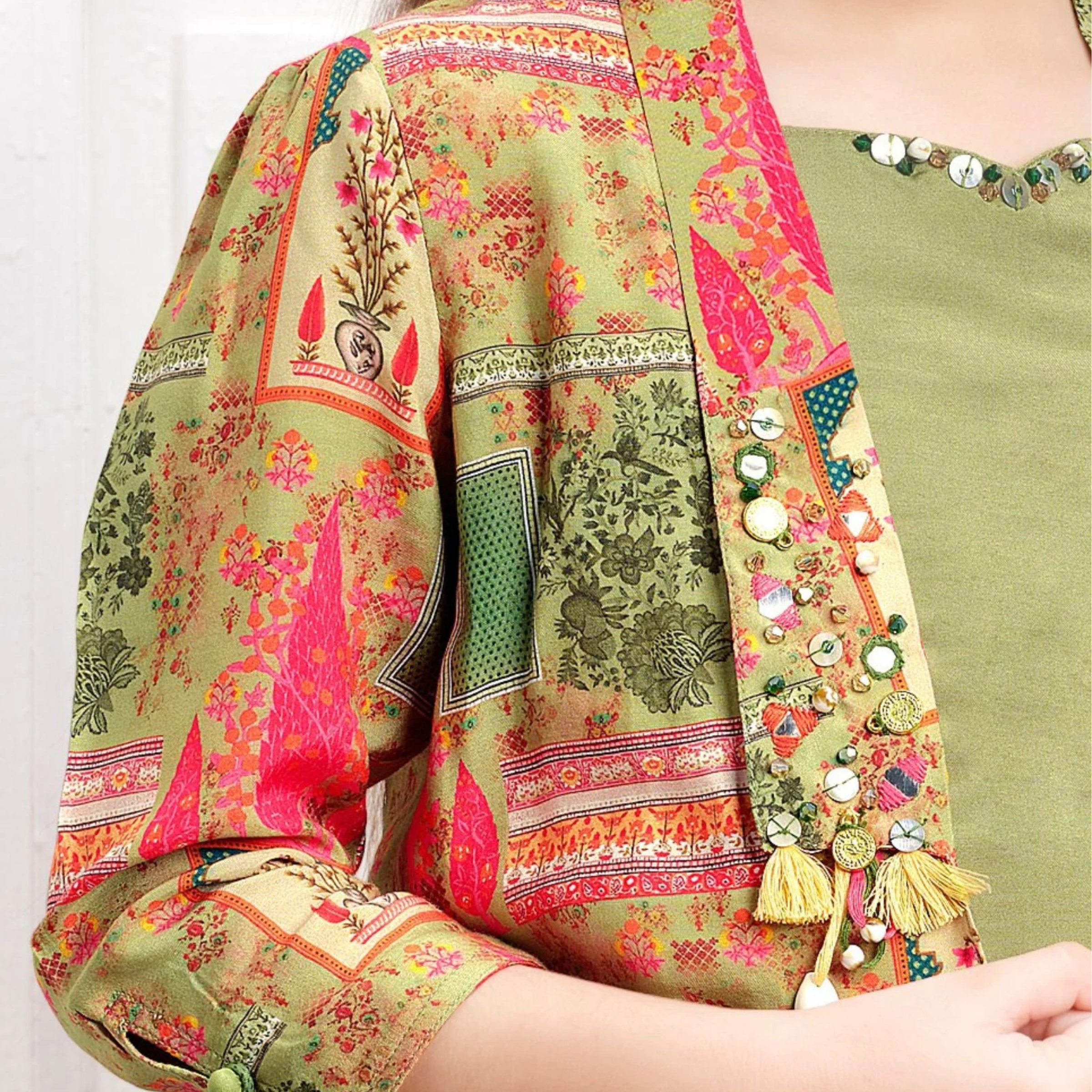 Tiny Baby Green Multicolor Digital Print Overcoat Styled Co-ord Set for Girls