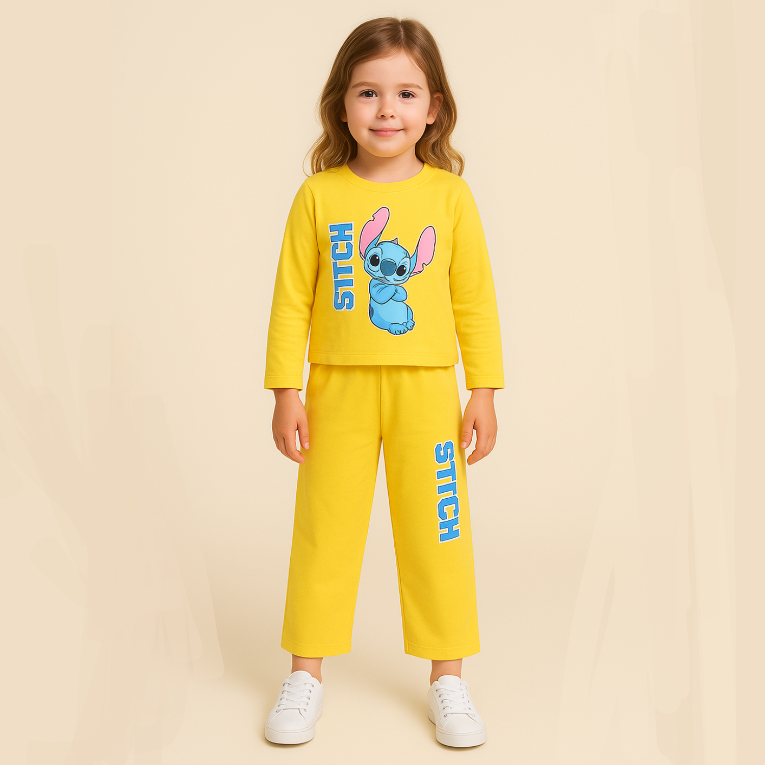 Orrigany Girls Cotton Co-Ord Set – Yellow Stitch Printed Top & Pants | Soft, Breathable Daily Wear for Kids (1–6 Years)