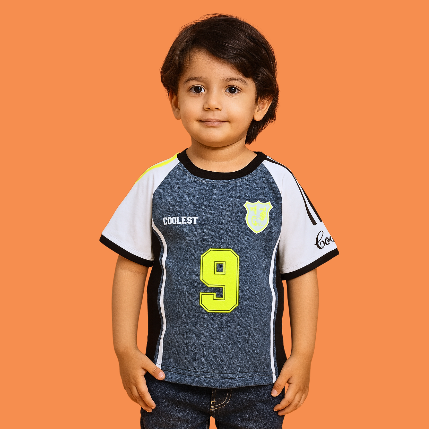 COOLEST Boys Sports Jersey Graphic T-Shirt – Black / Orange / Yellow (4–12 Years)